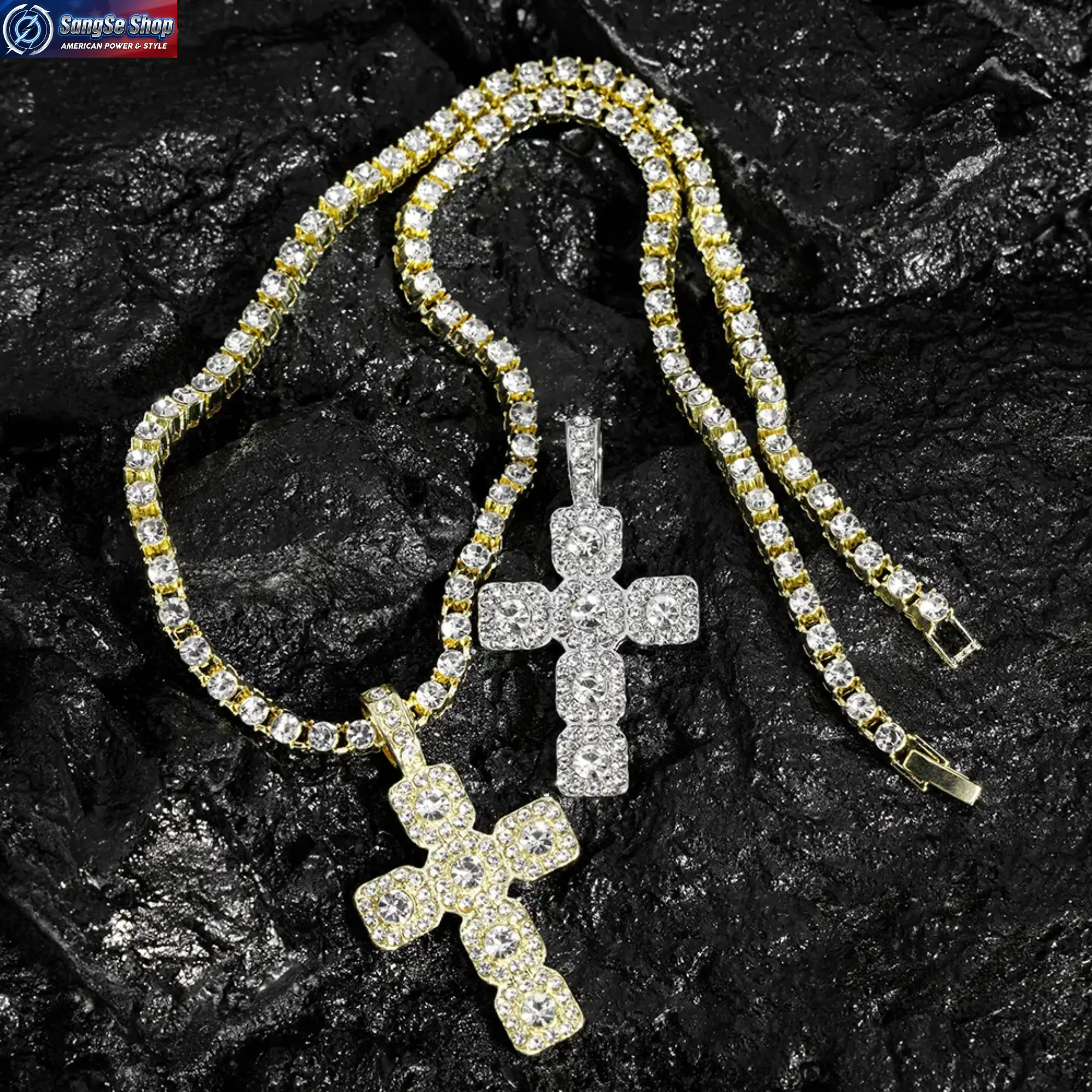 Cross Pendant Necklace, Iced Rhinestone Tennis Chain Jewelry, 4mm Sparkle Hip Hop Style Necklace for Men & Women, Punk Streetwear Fashion Accessory, Crystal Cross Chain Gift for Party, Daily Wear & Special Occasions
