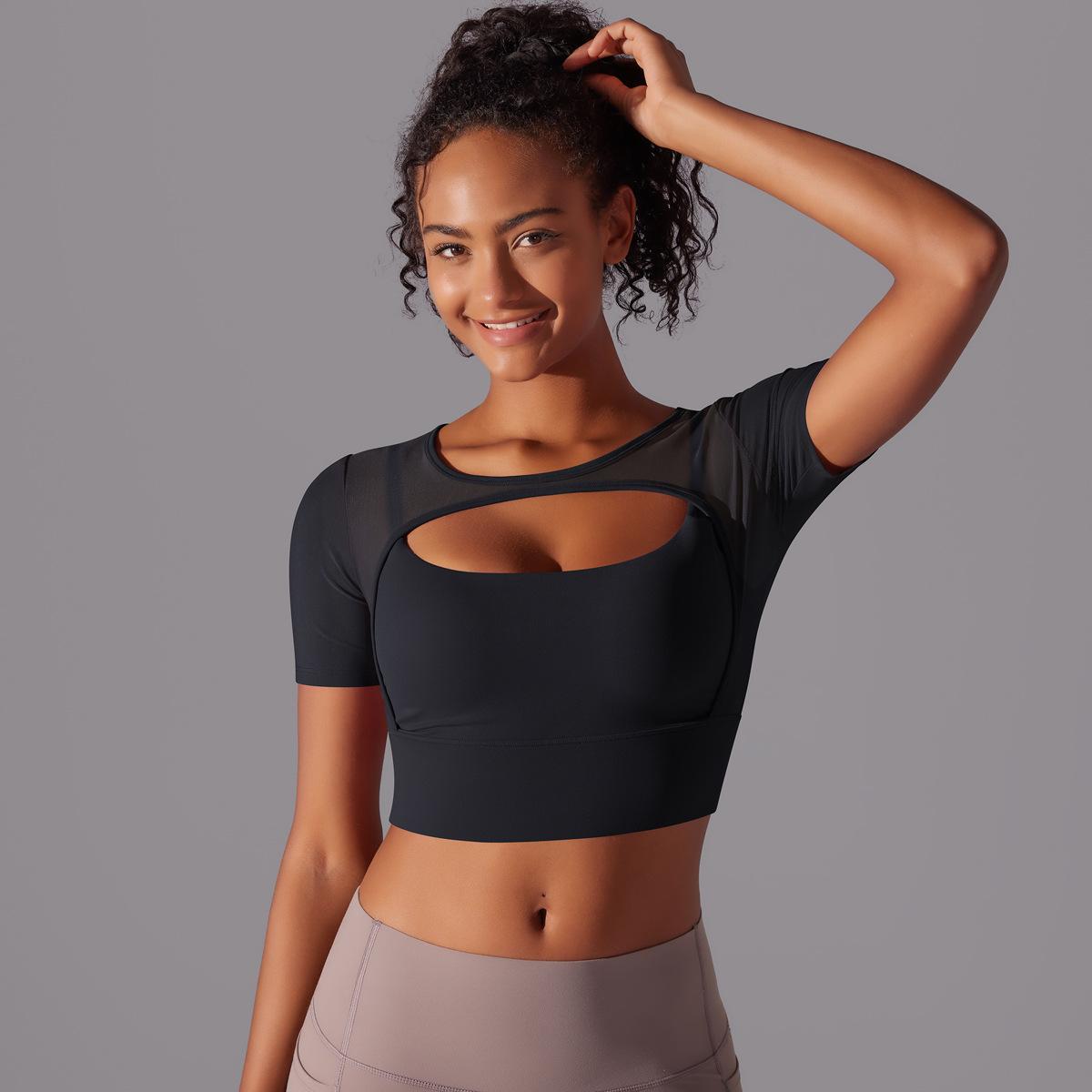 Classic Solid Color Mesh Stitching Double-Layer Short Sleeve Racerback Bra Top Women - Running, Fitness, Yoga Workout Top1123