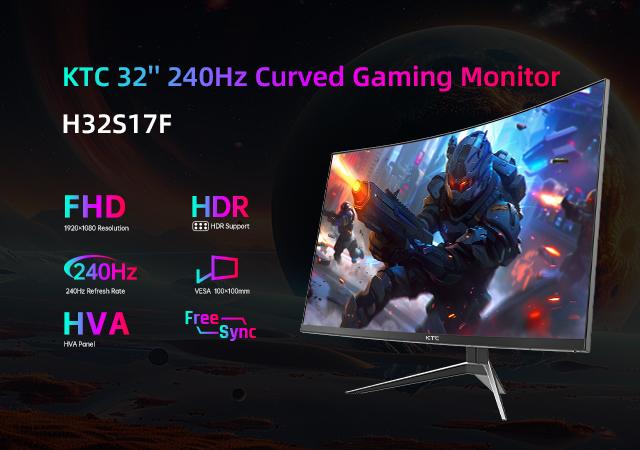 KTC 32'' 1920*1080p@240Hz HVA Curved 1500R Gaming Monitor, 125% sRGB Color Coverage, 1ms response time, Freesync/G-sync HDR10,HDMI/DP/USB Ports VESA,Tilt Adjustable,Black, H32S17F