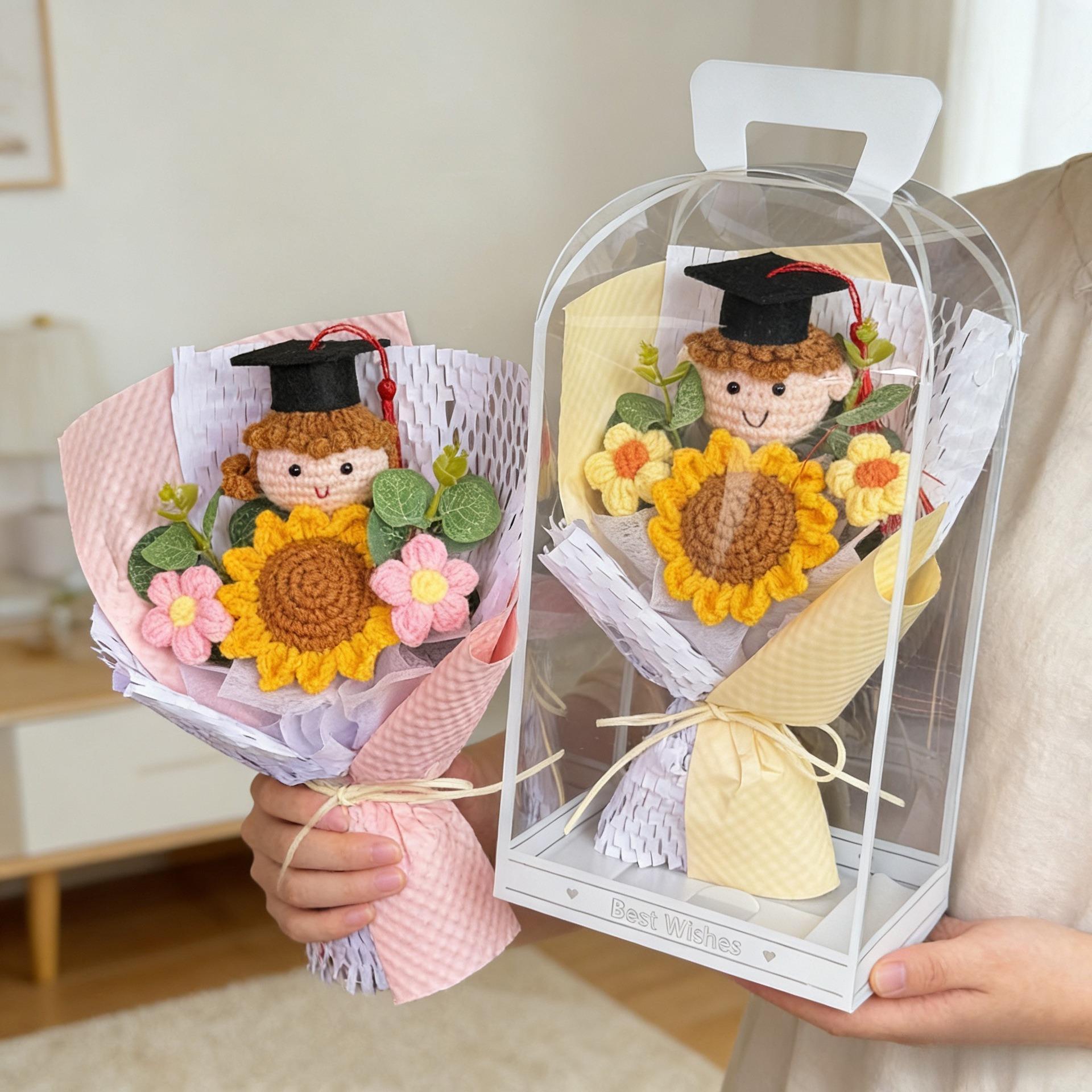 2026 Graduation Crochet Flower Bouquet Knitted Grad Doll,Handmade Crochet Flower Bouquet with Sunflower & Daisy, Soft Knitted Floral Arrangement for Girl, Women & Graduation Gifts