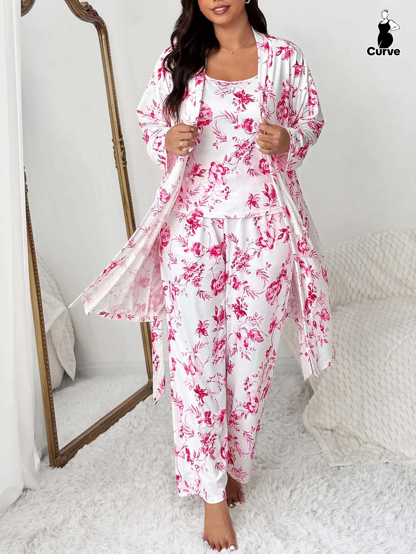 Plus Size Floral Print Robe Set for Women, Elegant Comfortable Sleepwear, Sleeveless Top & Long Pants, Spring & Fall Home Wear, Pajama Set