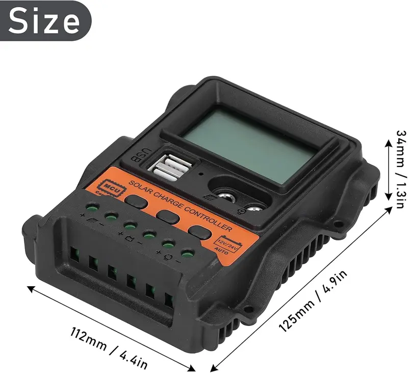 Industrial Grade MCU Control Solar Panel Charge Controller - 12V/24V Auto Mode, 2.5A USB Output, 3-Stage Charging Manag., Anti-Backflow Circuit, Self-Recovery, Ultra-Low Heat Generation, 4.4*4.9in Compact Large LCD Screen for RV, Home Use (Single Unit)