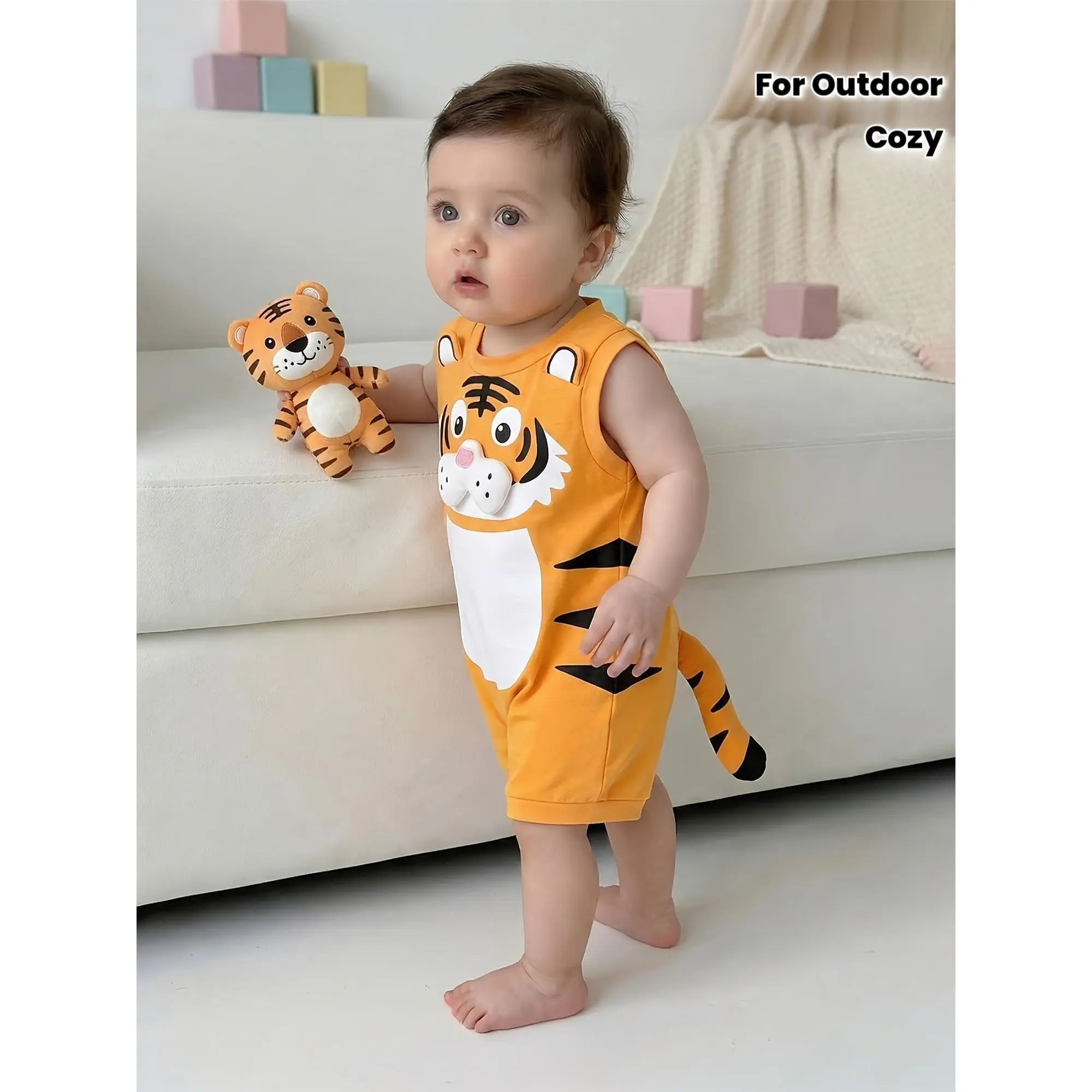 Cute Baby Tiger Onesie in Orange And Black Stripes, Featuring Ears And a Tail, Perfect for a Cozy Photo Session, for Outdoor