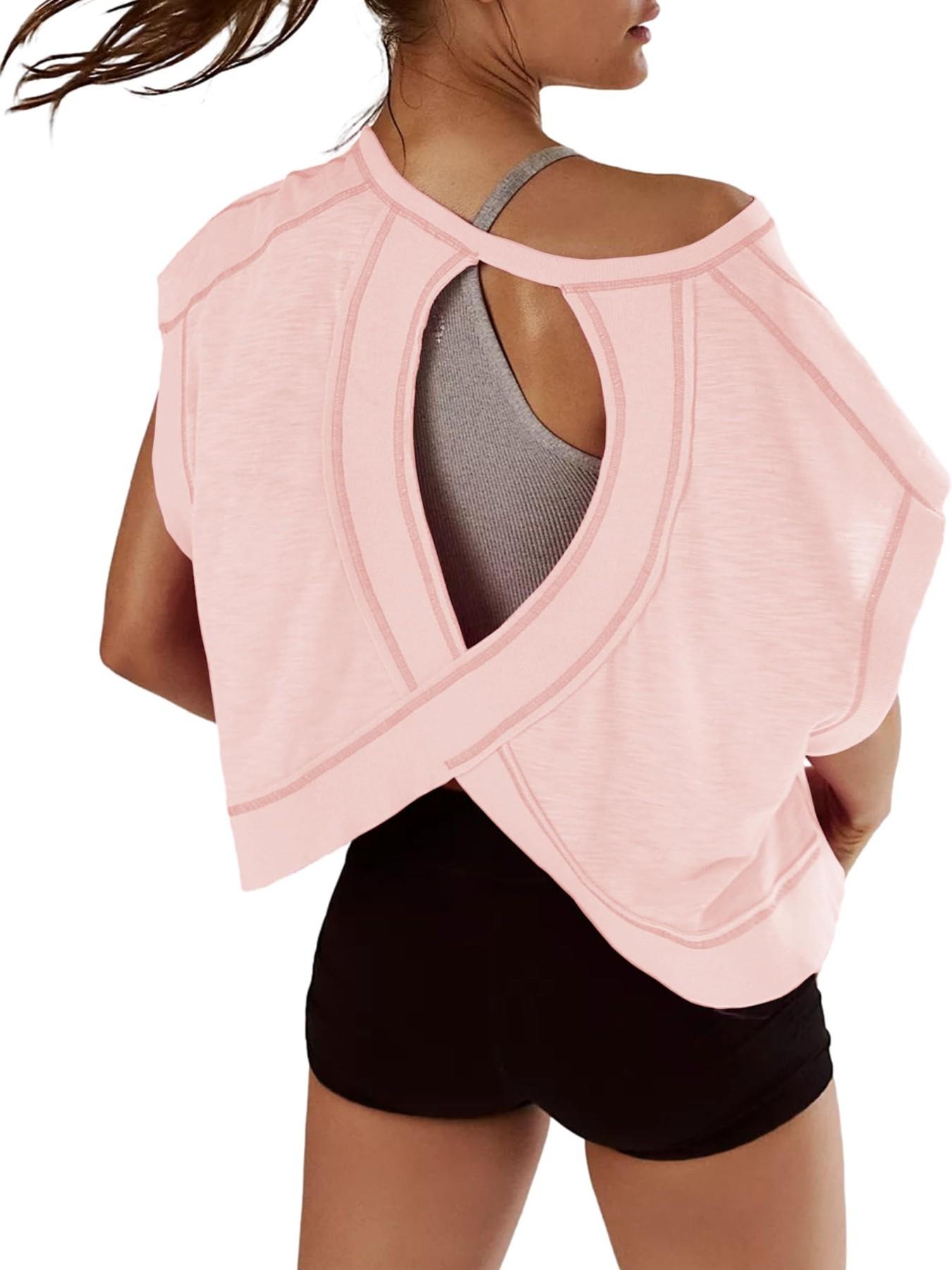 Women's Sporty Hoodie Round Neck Loose Fit Casual Sports T-Shirt, Gym Yoga Tops, Backless Hollow Design, Pure Color Skin-Friendly Yoga Wear