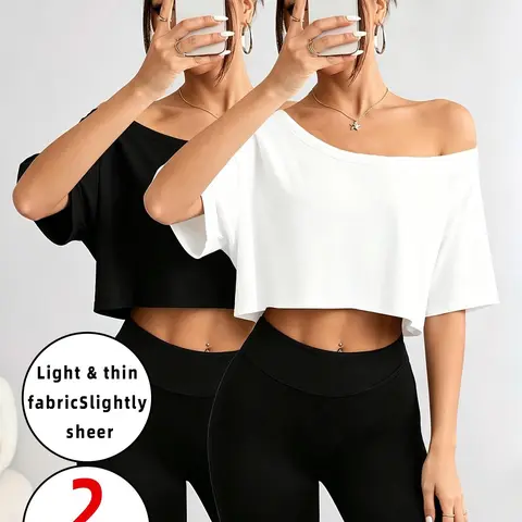 1/2-Pack Women's One-Shoulder Crop Tops, Y2K Casual Chic Oversized Short-Sleeve Tees in Multiple Colors, Soft Breathable Basics for Workouts, Daily Wear and Summer Streetwear