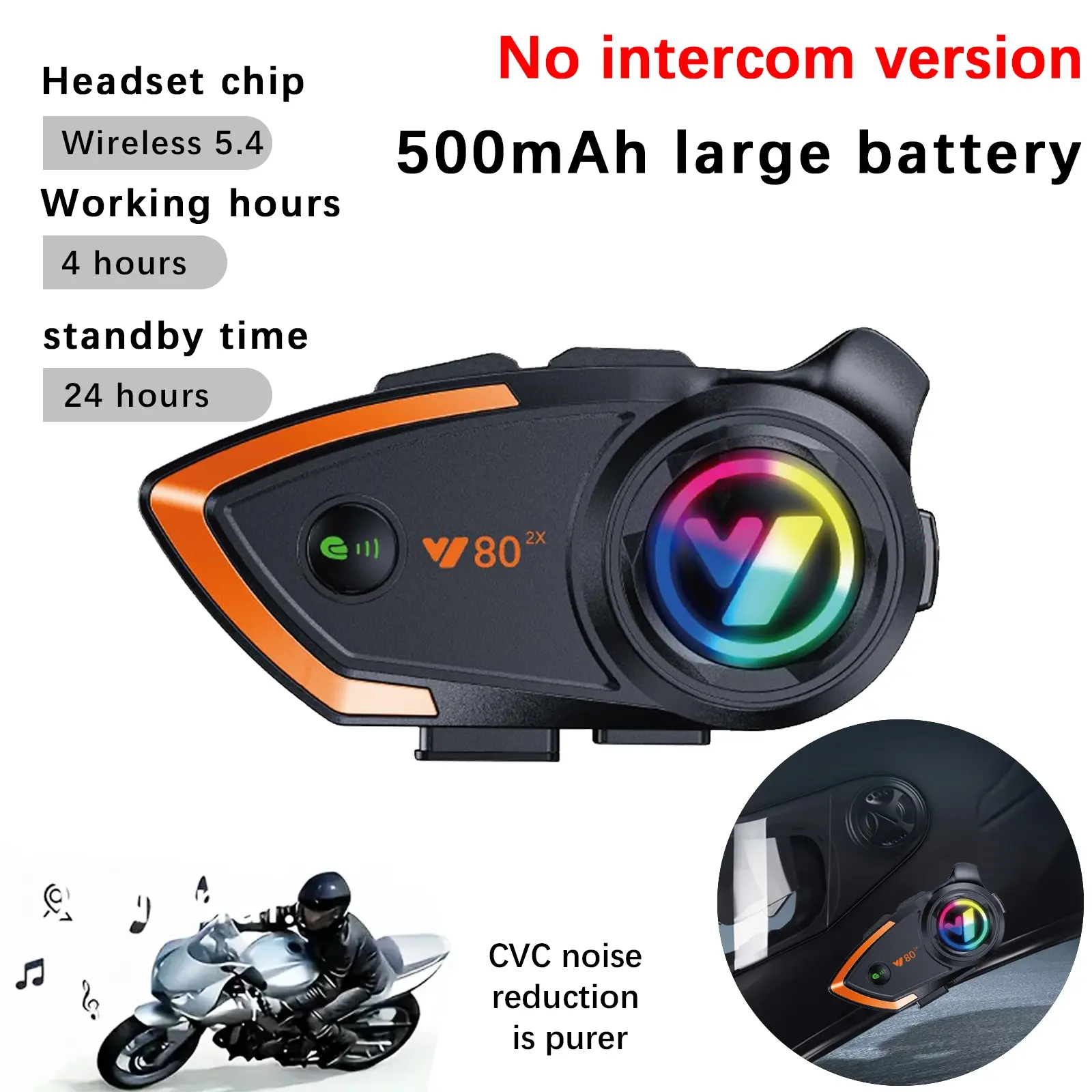 Motorcycle Helmet Bluetooth-compatible Intercom Earphone, Bluetooth-compatible 5.0, 800m Range, Cvc Noise Reduction, Ipx6 Waterproof, RGB Lights, Dual Phone Connection