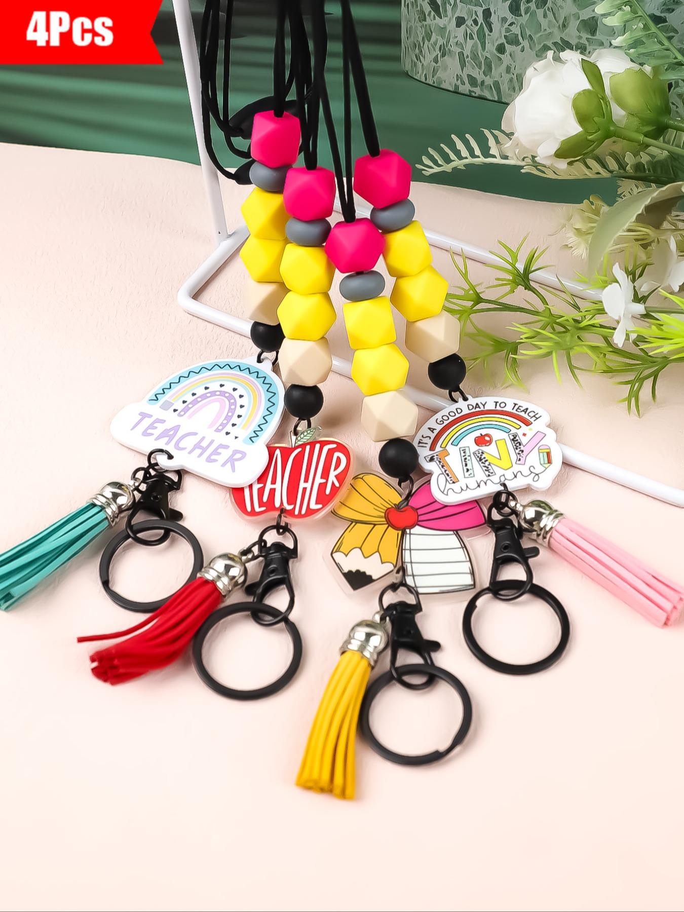 4-Piece Macaron Bead Keychain Set, Fun Teacher Neck Strap for School Days, Perfect Back-To-School Gift for Students and Teachers