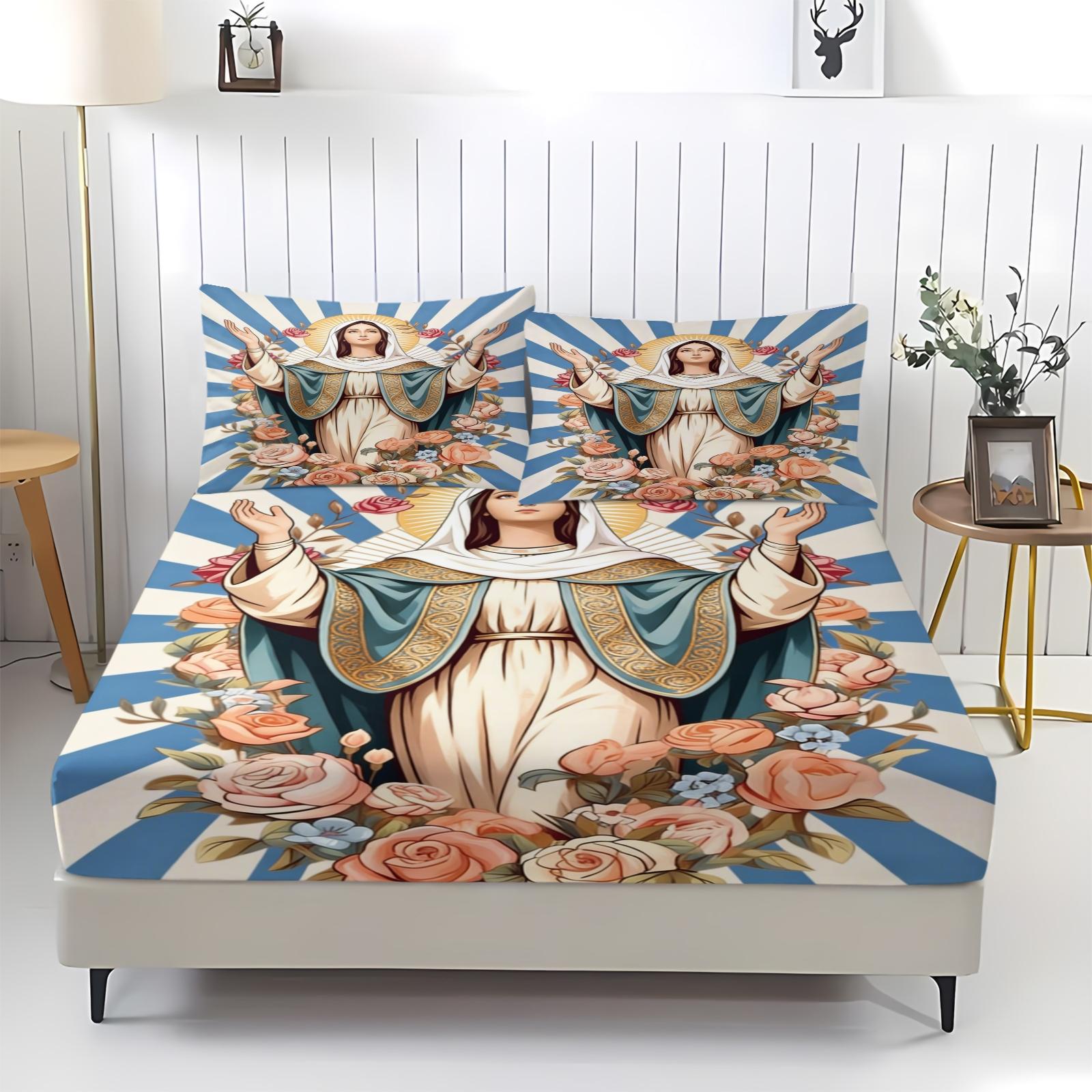 Guadalupe Virgin Mary Pattern Bed Sheet, Comfortable Printed Pattern, Includes 1 Bed Sheet and 2 Pillowcases, Comfortable Bedding, Non slip Dust Cover Suitable for Bedroom and Guest Room, Suitable for Children or Adults as Gifts