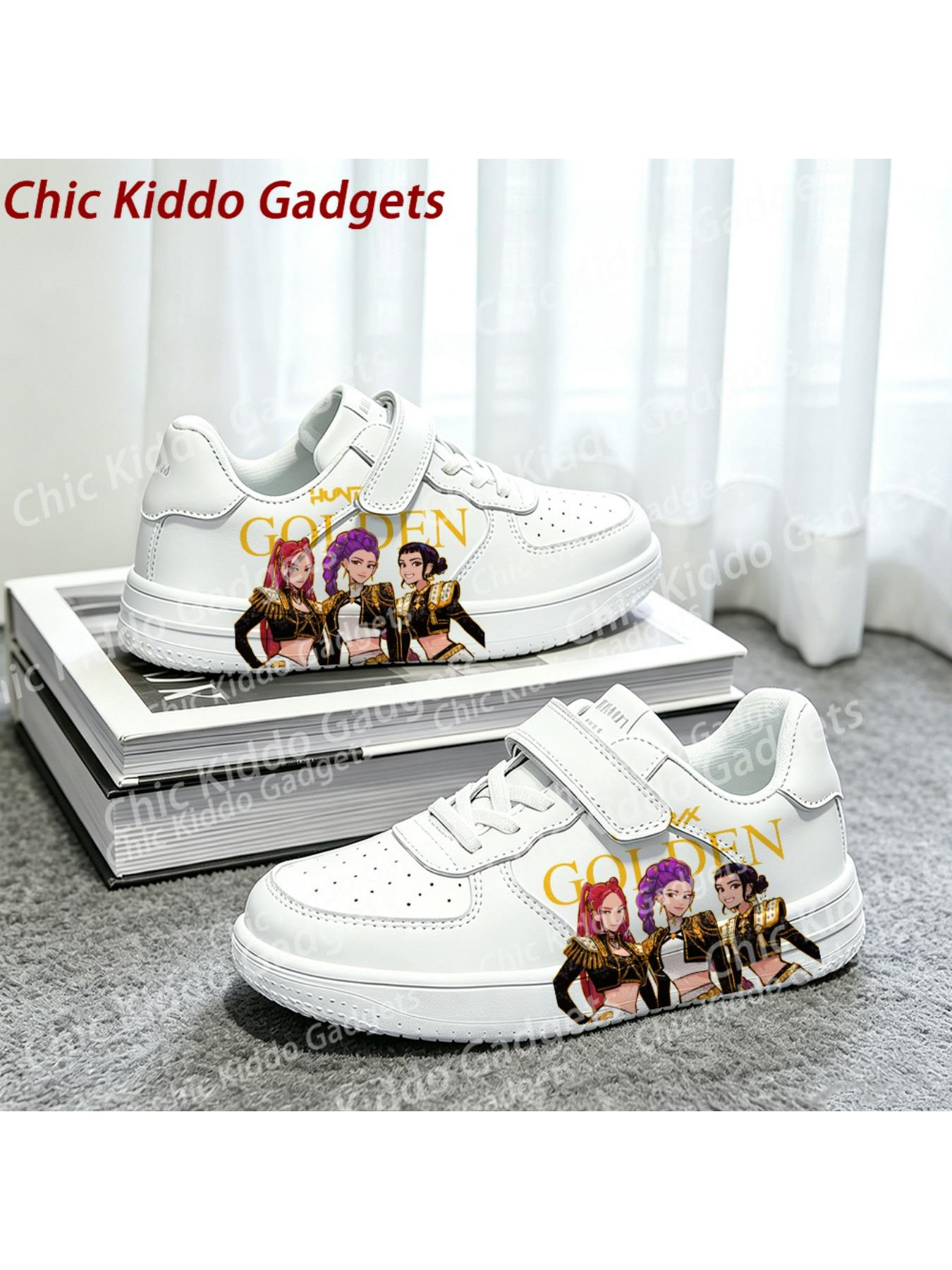 2026 children's white shoes, girls' pattern print design thick-soled sneakers, durable casual fashion sports shoes