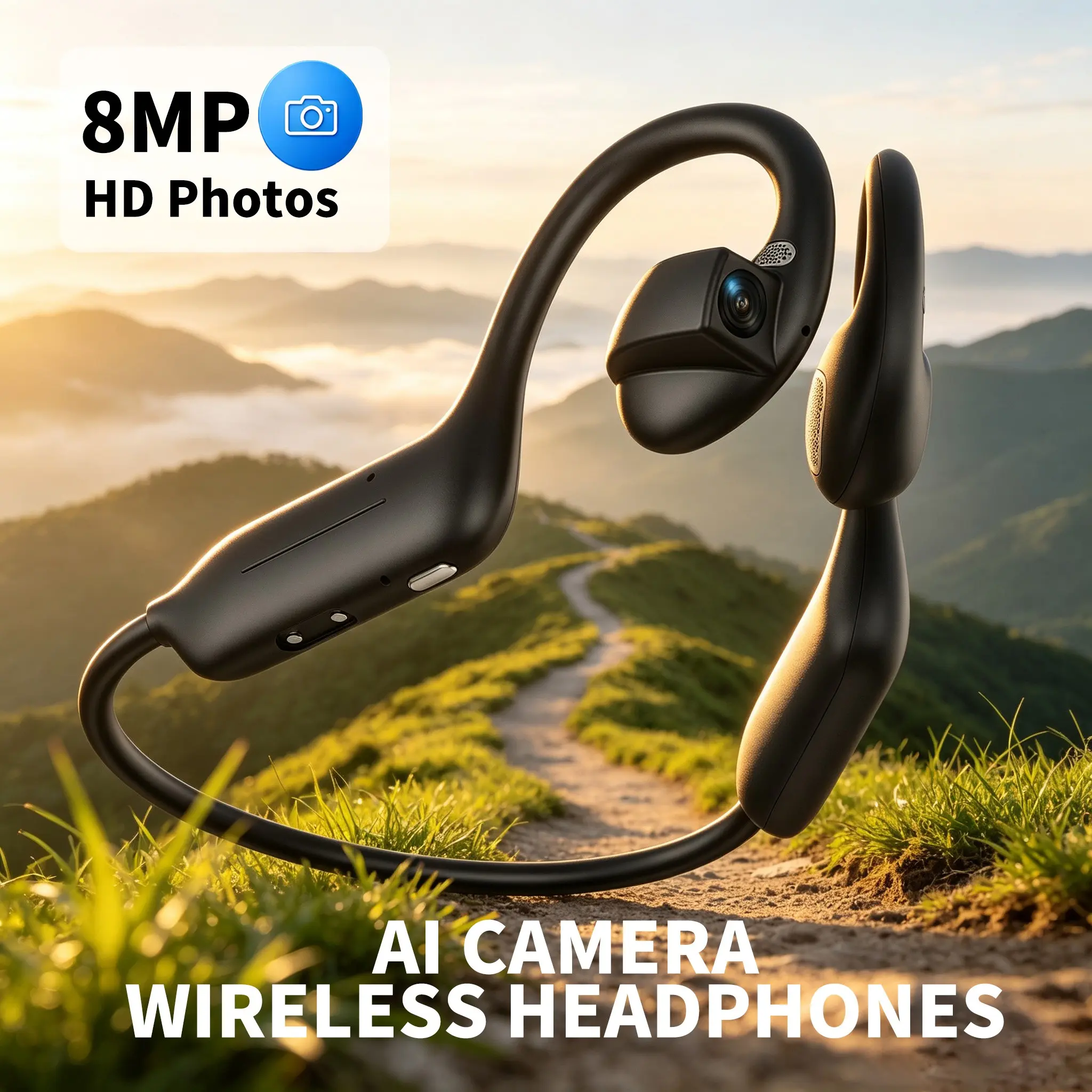 AI camera wireless headphones, intelligent headphones that can take photos and record videos, support AI voice assistant, recording and other functions, with 8GB memory, suitable for daily outdoor sports wireless bone conduction wearing