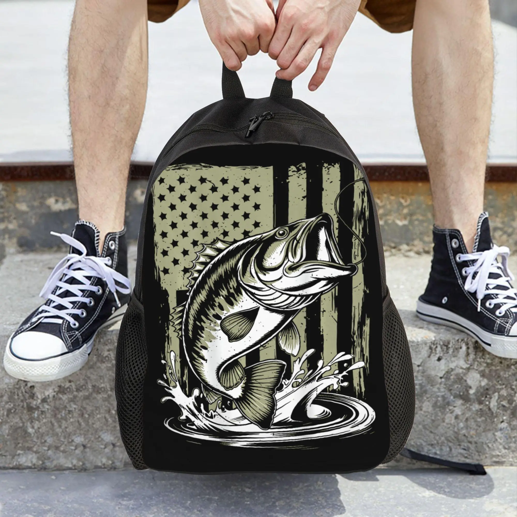 1 piece, fishing camouflage perch American flag pattern fishing backpack, college backpack, cool backpack, hiking birthday zipper open and close schoolbag, back-to-school season, for teenagers
