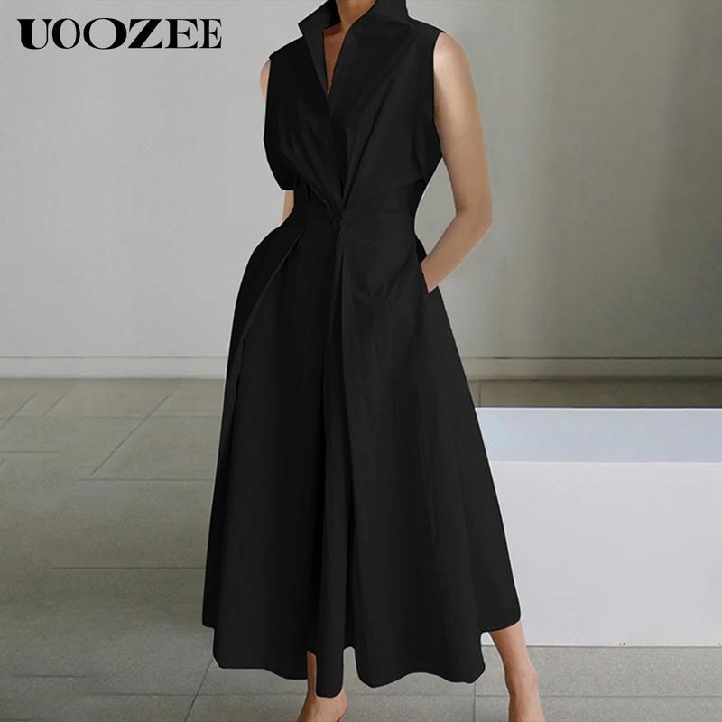 UOOZEE women's long-sleeved loose solid color lapel midi dress, waist design, comfortable and elegant, a must-have for commuting and formal occasions Midi Cloth, with pockets Modest Clothes SpringStatements
