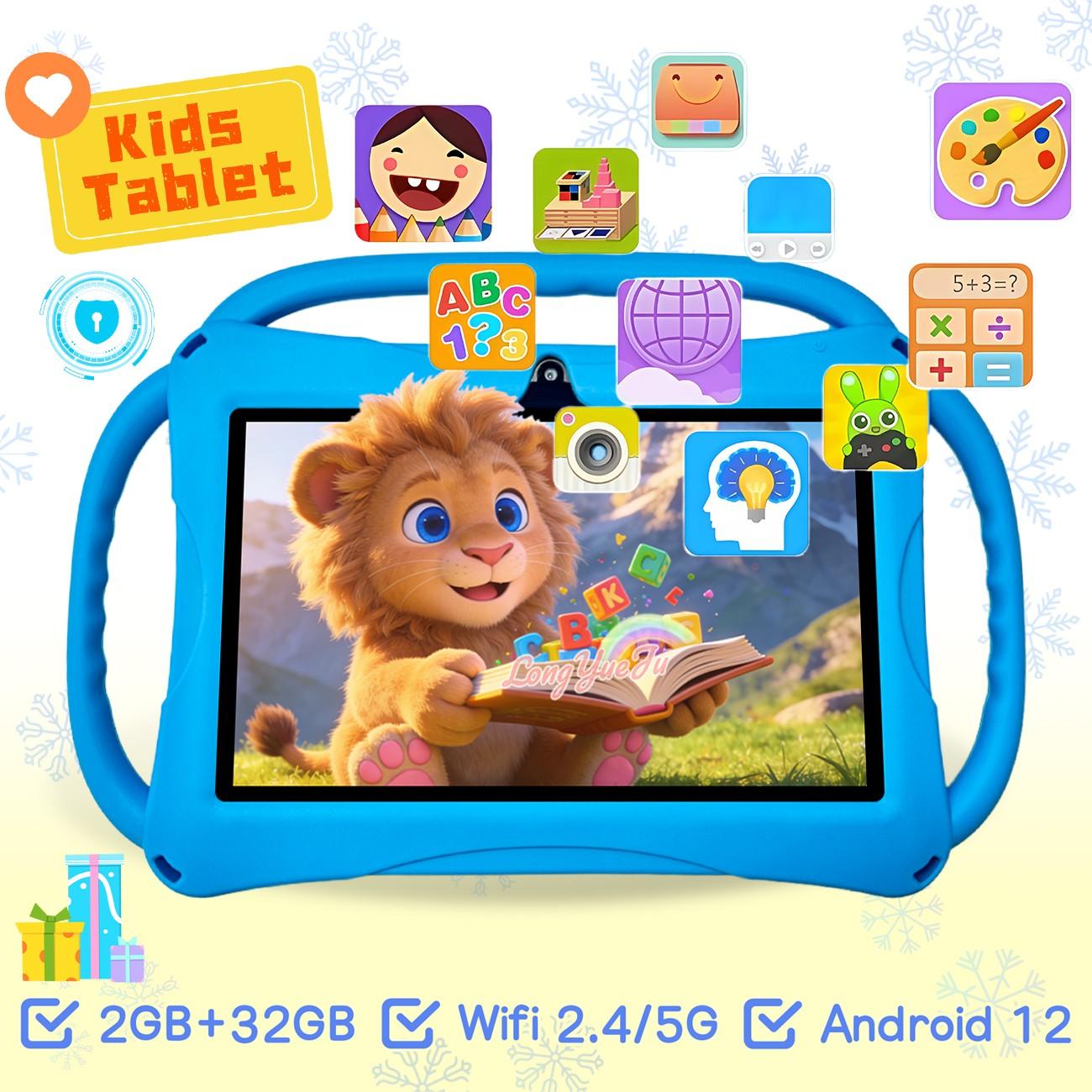 [GiftedInLove] Kids Learning Tablet 7 inch Android 12 Dual Cameras WiFi  Battery Protective Silicone Case Educational Apps Toddler Gifts Stress Relief Case Pink Blue New Year Gift