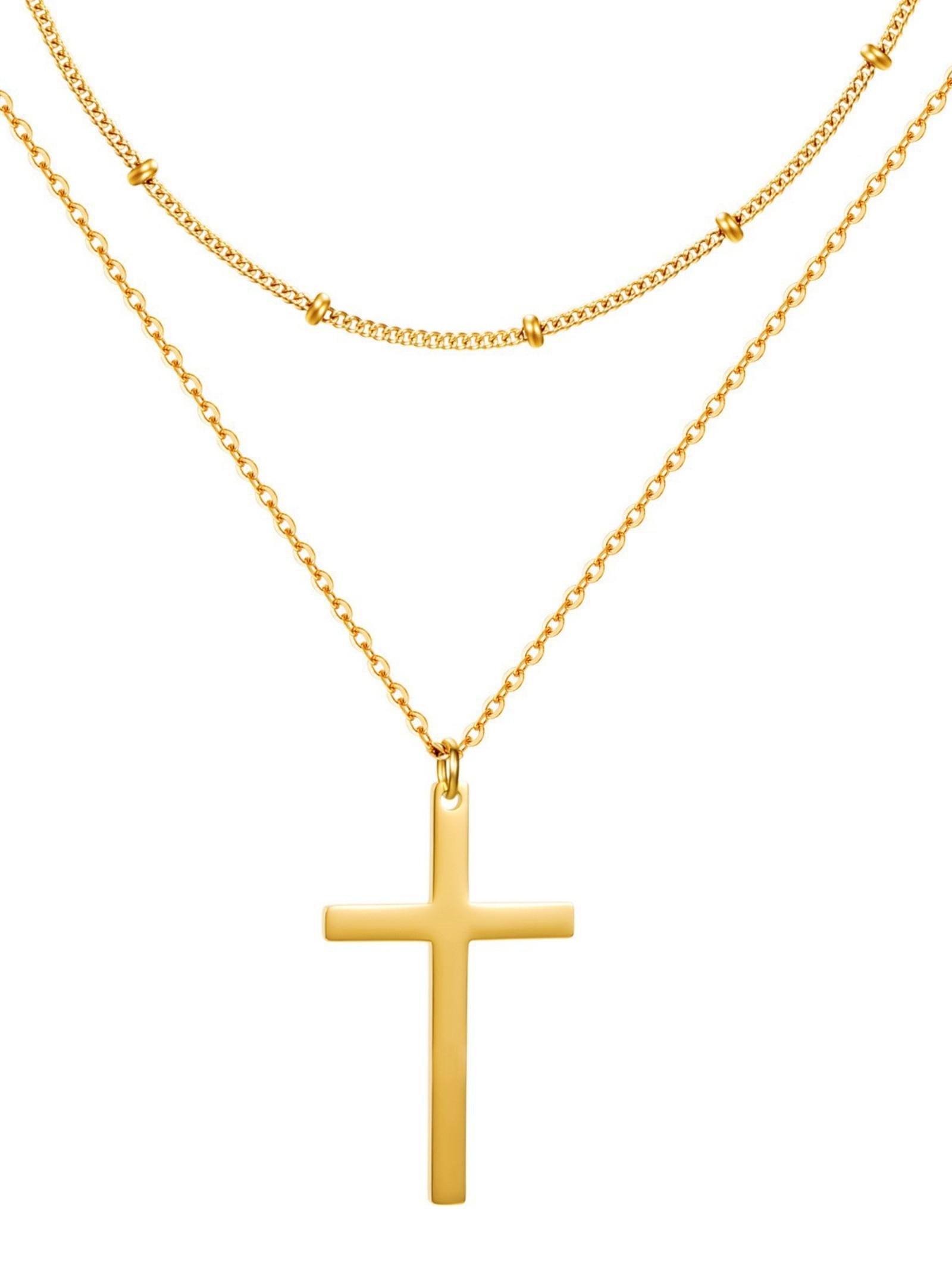 Women's Stainless Steel Cross Chain Beaded Necklace, Elegant Minimalist Design, Double Layer Crucifix Pendant Jewelry