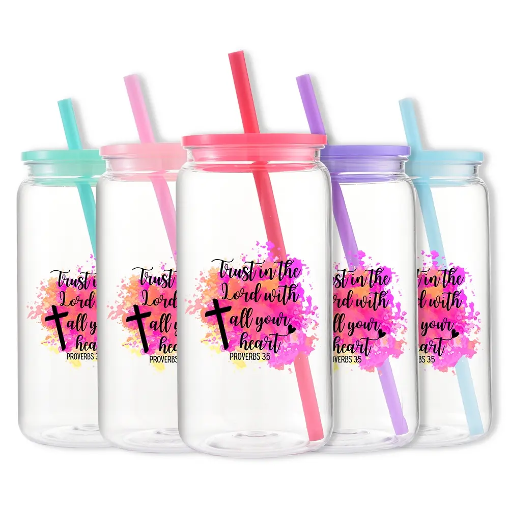 1pc/16oz/500ml/Plastic Mason Cup With Lids And Straw,Iced Coffee Cup,Mason Jar,Water Bottle,With "Trust in the Lord with all your heart" Proverbs 35 Quote,Perfect For Birthday Celebrations,Christmas Gifts,Mother's Day Gifts,Holiday Party Decorations