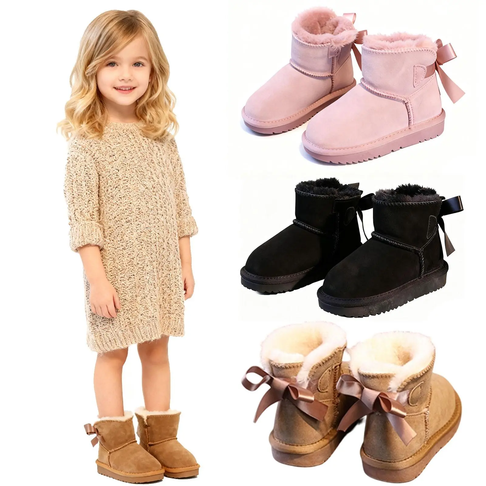 Cute Casual Fur-Lined Snow Boot for Kids | Girls Slip-On Winter Warm Ankle Boots with Back Bow | Cozy & Non-Slip for Outdoor Shoes, Christmas Gifts, Christmas Stockings