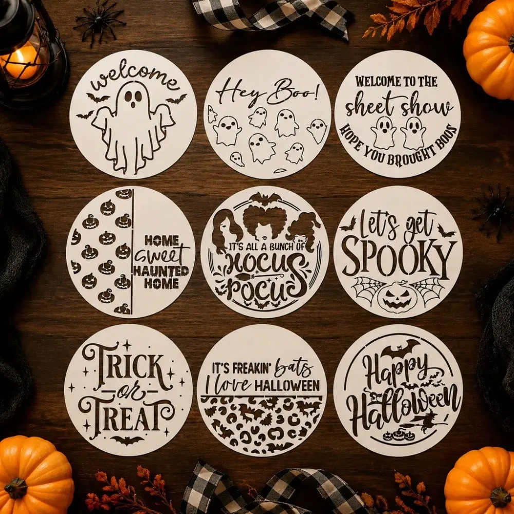 9PcsSpookyHalloweenGhostPumpkinWitchQuotesPaintingStencils,ReusablePETPlasticTemplatesForWoodSignsWallFabricCanvasDIYCrafts