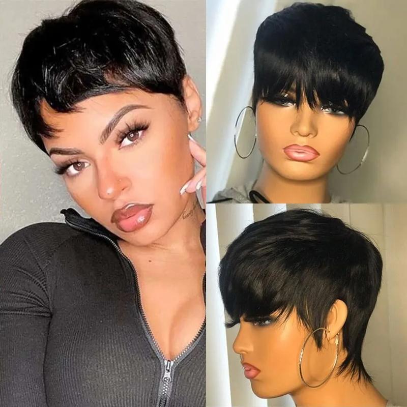 Cikana Hair Pixie Cut Wigs for Black Women Human Hair Short Bob Wig Human Hair Wigs with Bangs Layered Style Bob Wigs for Black Women Machine