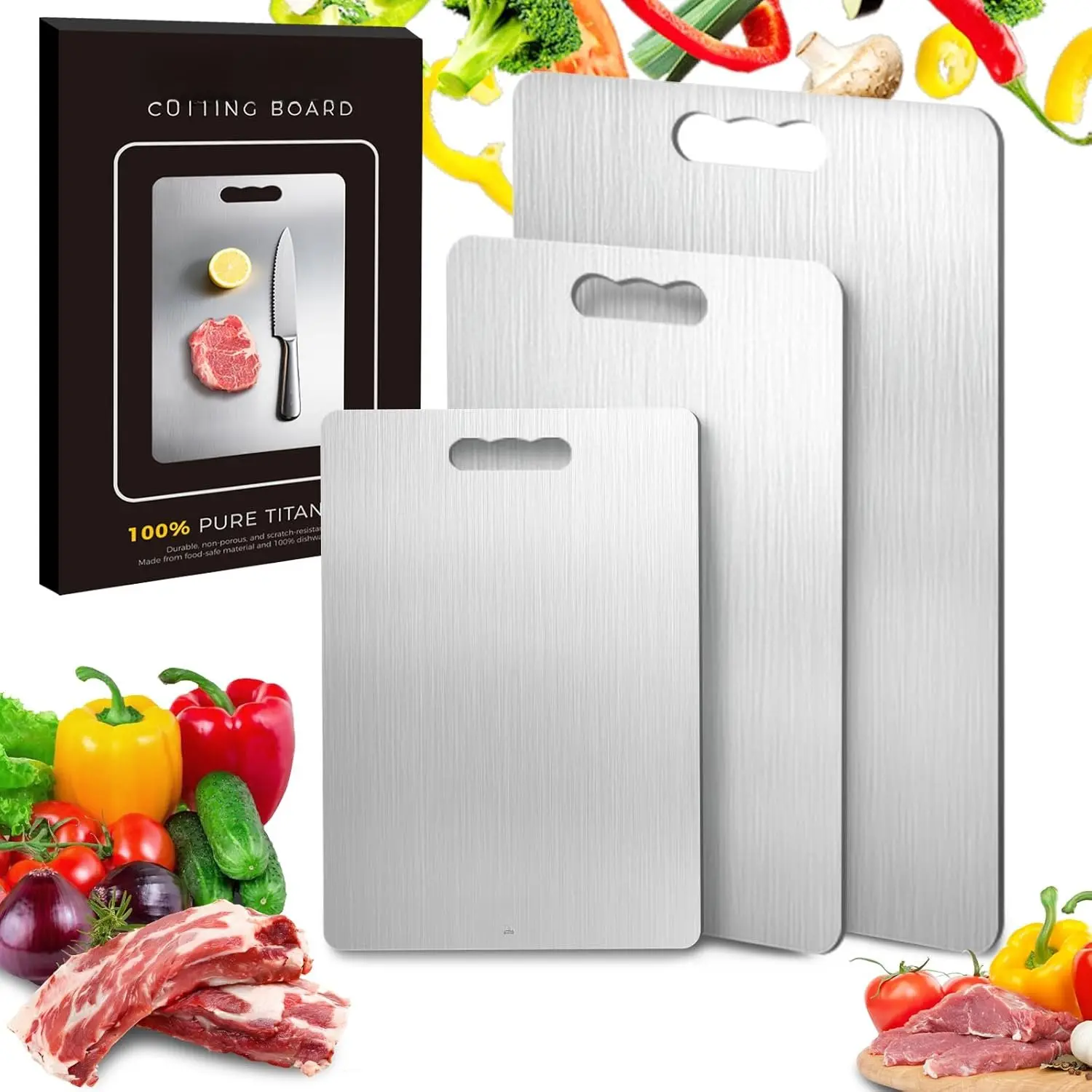 Titanium  Board For Kitchen Set of 3,  Pure Titanium  Boards, Double-sided  Grade Quality, Easy To Clean And Will Not Absorb Odors, Suitable For Kitchen Or Outdoor(S+M+L)