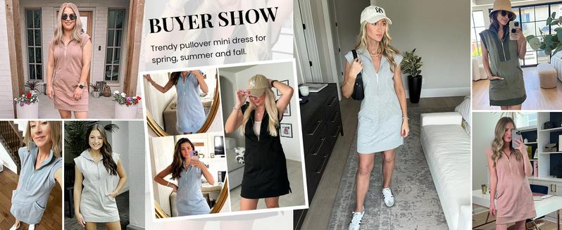UANEO Womens Half Zip Sweatshirt Dresses Summer V Neck Sleeveless Pullover Tunic Tops Mini Dress