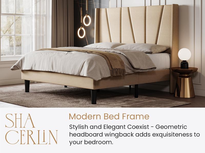 SHA CERLIN Upholstered Platform Bed Frame and Geometric Wingback Headboard & 8" Under-Bed Space,【Frame Only No Mattress】 Noise-Free, No Box Spring Needed#ChristmasGifts#TikTokShopBlackFriday