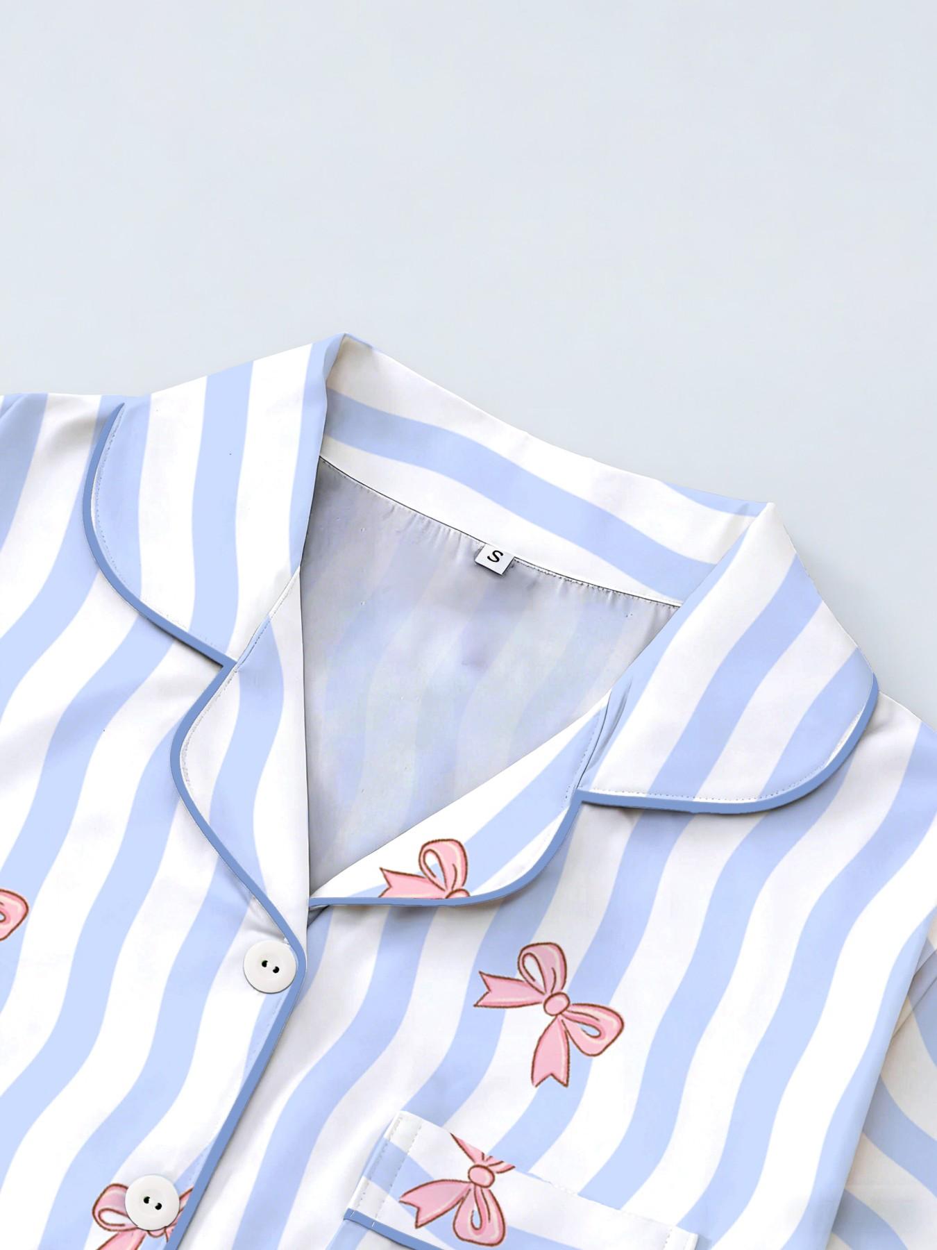 Women's Short Sleeve Button Down Top and Shorts Pajama Set, Spring Summer Wear, Loose Loungewear, For Preppy Style Lovers, Blue White Striped Preppy Cherry Print, Classic Lapel Collar, Loose Fit, Comfortable For Study & Relaxing, Matching Pj Set