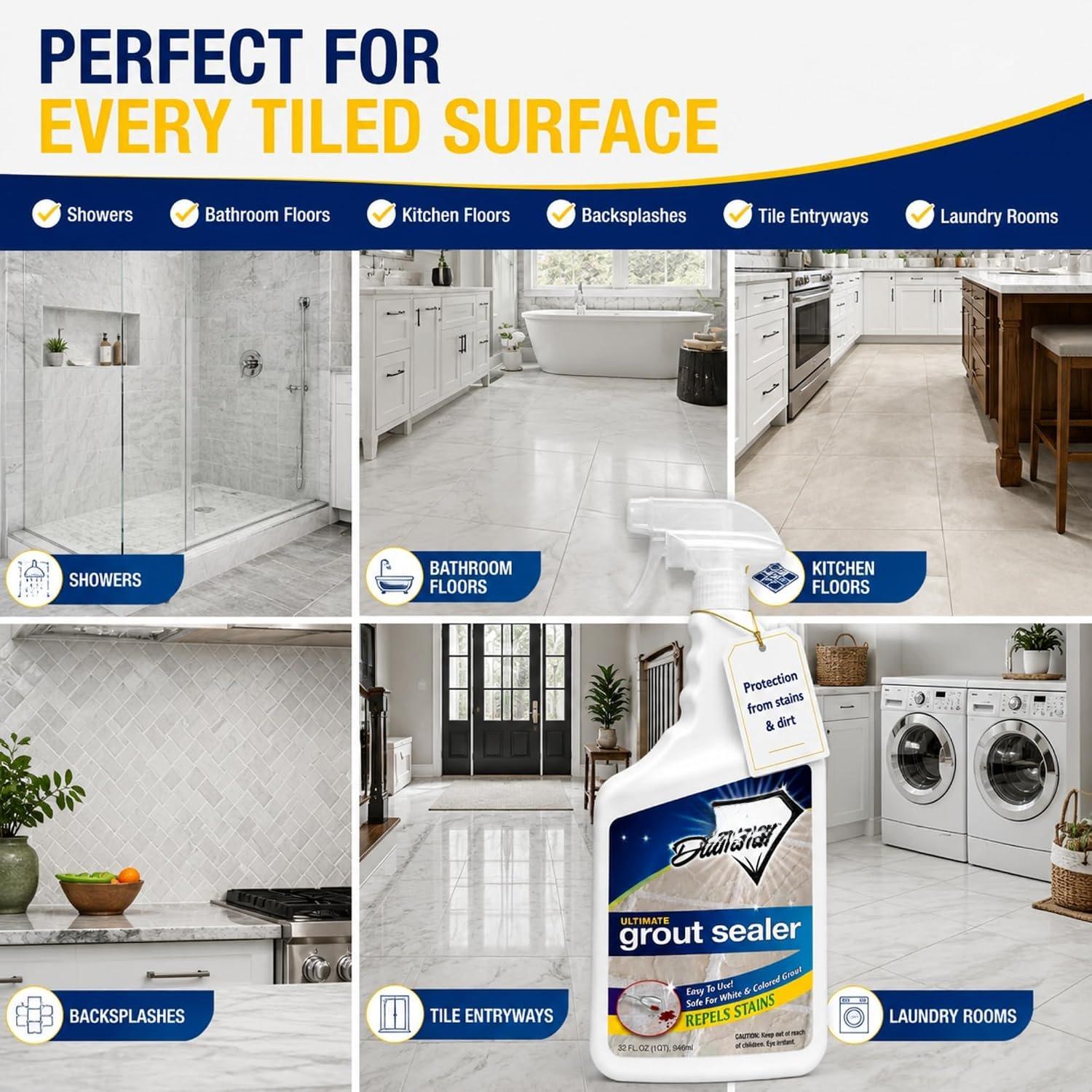 Professional Strength Grout Sealer for Tile Sealing, Stone Grout, Showers & Floors, Stain Repellent, Easy-Clean, Low Odor Contractor Grade, Quart Size