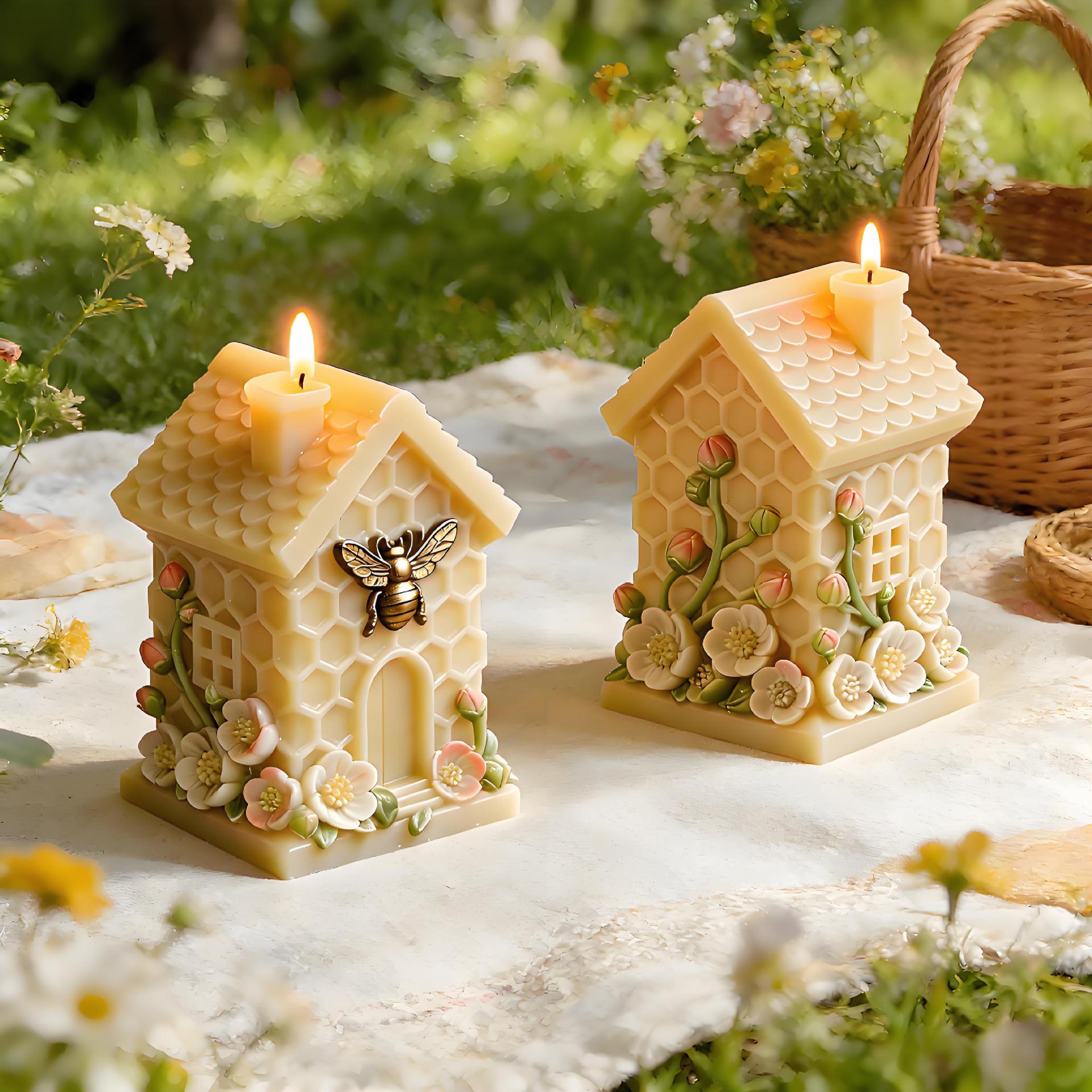 Honeycomb Small House Embossed Flower Candle Mold DIY Honeycomb Hut Shape Multifunctional Aromatherapy Plaster Epoxy Soap Mold Easy To Release Creative Handmade Ornaments