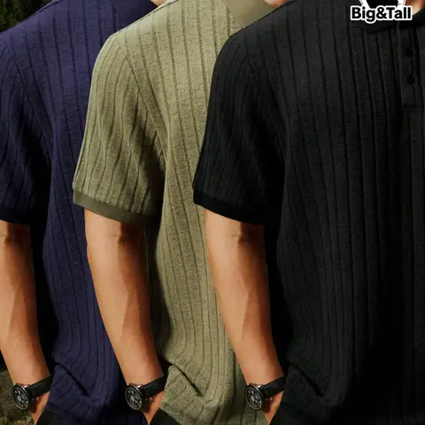 【Plus Size】Men's Plus Size Solid Rib-Knit Casual Polo Shirt, Plain Collar Shirt, Formal, Short Sleeve, Summer, Collared Polo Shirt, Plain Polo Shirts, Summer Polos