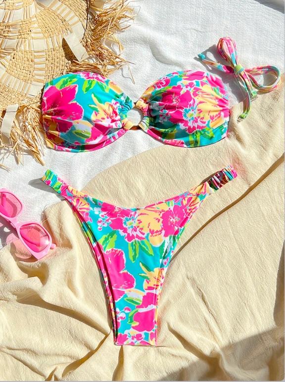 2026 Women’s Colorful Tie-Dye Strapless Bikini Set, Removable Straps and High-Waisted Thong, Perfect for Beach and Pool Parties