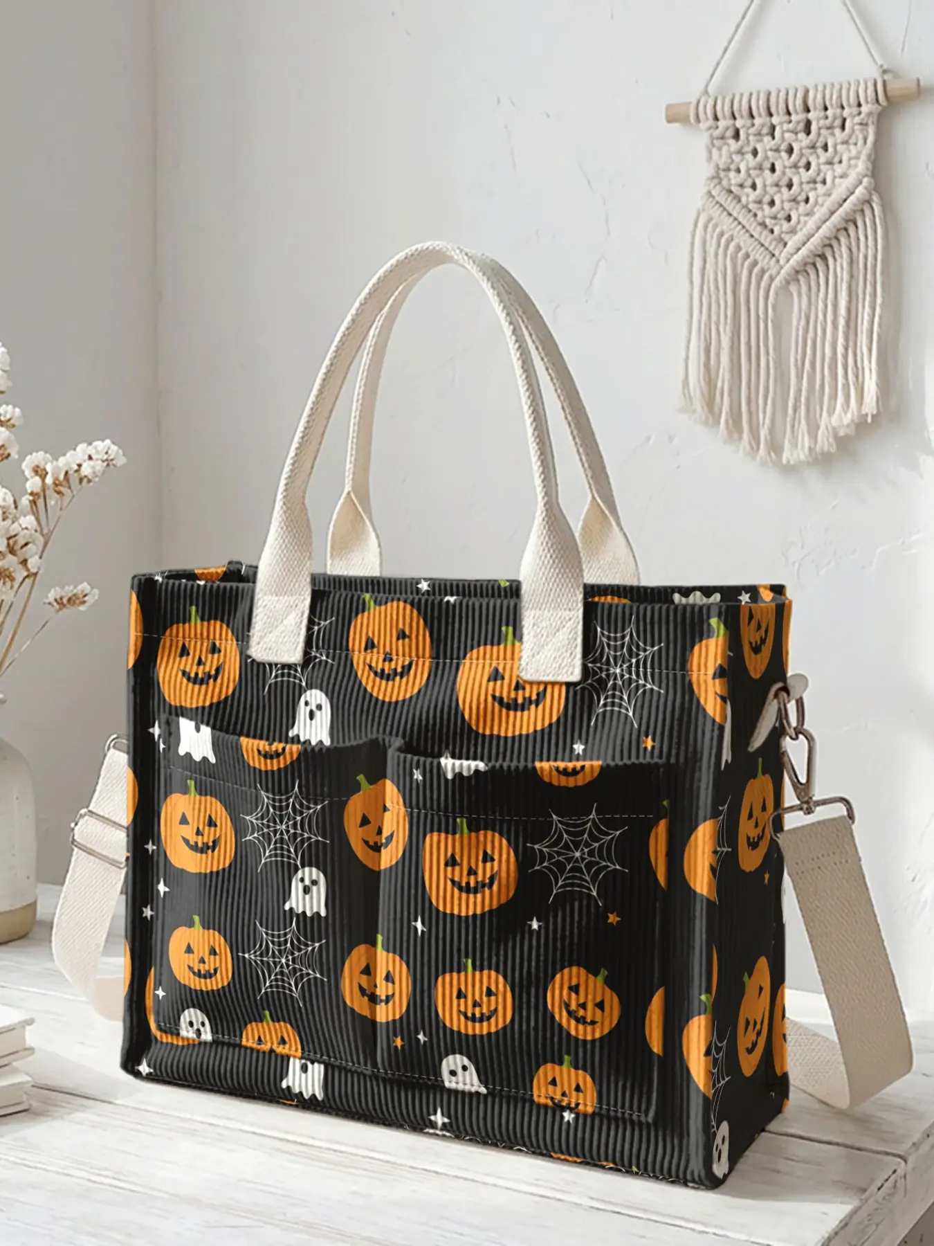Halloween Pumpkin Head Print Travel Bag, Large Capacity Durable Crossbody Shoulder Bag, Multi-Pocket Design for Work Shopping Picnic