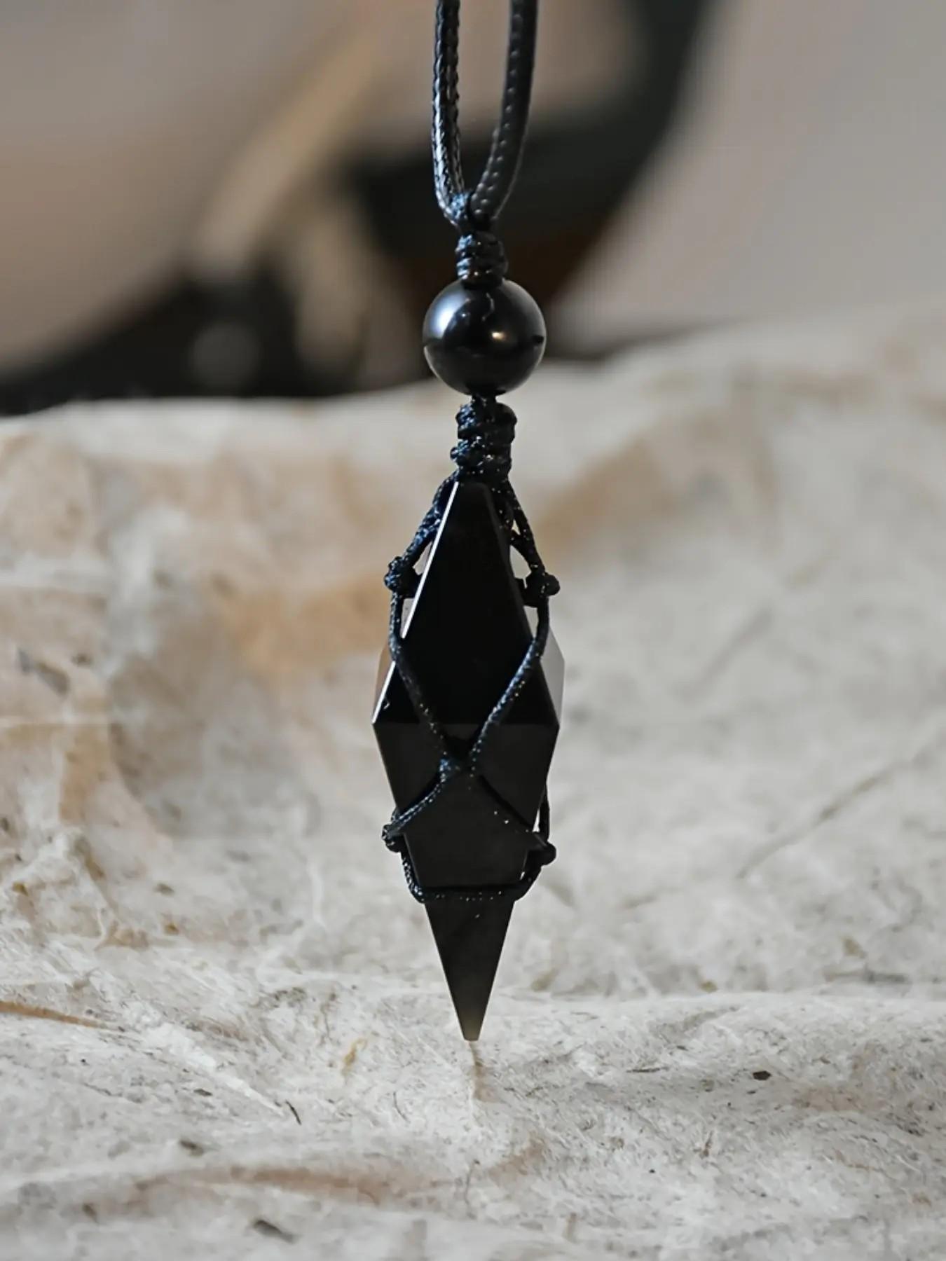 Bohemian Natural Obsidian Pendant Necklace, Unisex Adjustable Length, Handmade Jewelry, Exquisite Gift for All Occasions
