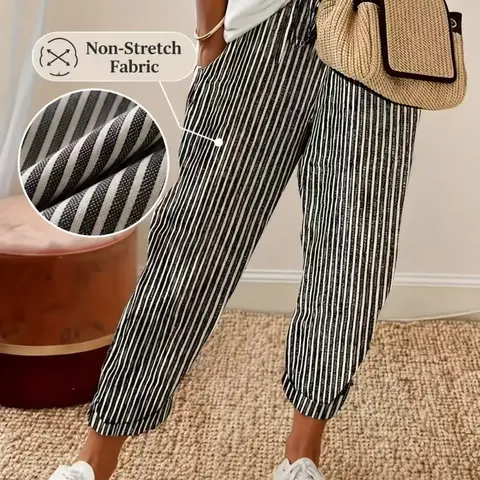 Women's Striped Print Pocket Elastic Waist Pants, Casual Comfy Trousers for Daily Wear, Ladies Bottoms for All Seasons, Womenswear, Casual Summer Bottoms, Casual Fashion Bottoms