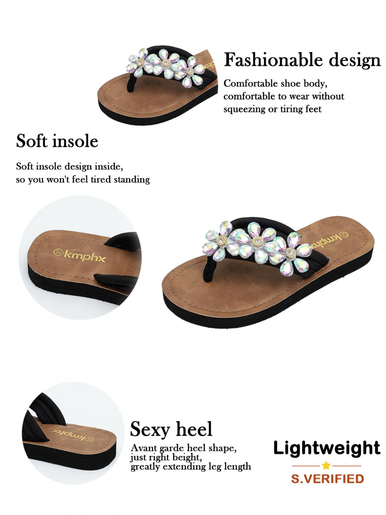 Women's Rhinestone Flower Flip Flops Summer Non-slip Thong Sandals Beach Shoes for Vacation