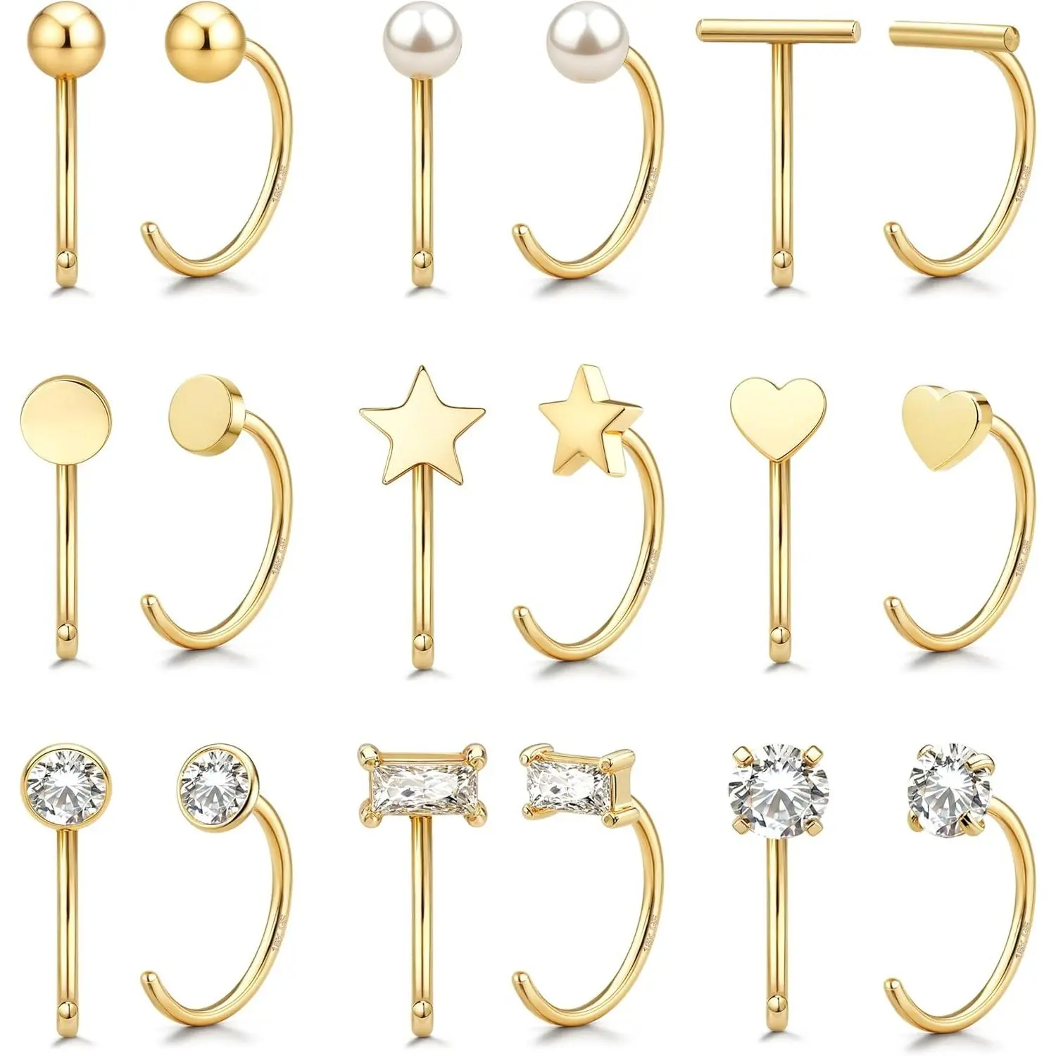 CASSIECA Women's 9-Pair 14 Karat Gold-Plated 316L Stainless Steel Huggie Hoop Earrings Set - Stud, Helix Piercing, Dainty Stacking, Multiple Holes Styles with 5A CZ, Pearl, Heart, Star, Bar Designs, Stud Earrings Sohochic