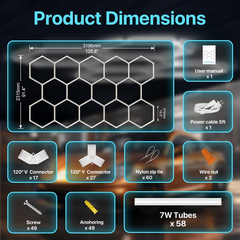 LUMENFOX 2025 New DIY Plug-In Hexagonal Ceiling Lights, Honeycomb Ceiling Lights, Light Efficiency 110LM/W, Hexagonal Garage Lights are suitable for garages, supermarkets, shopping malls, car shows and basements, Lighting，Jumpstart newyear