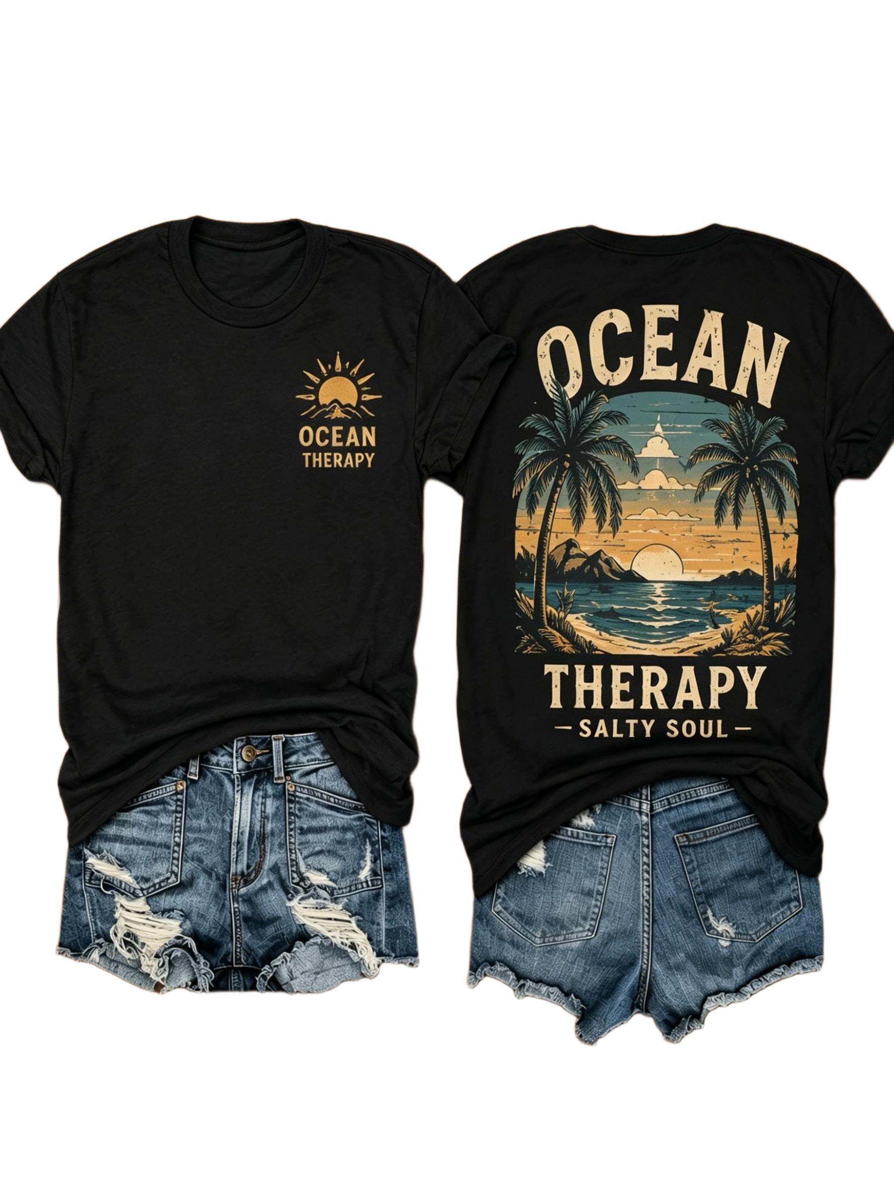 Women's Vintage Cotton Knit Short-Sleeve Round-Neck Oversized Graphic Tee - Palm Tree, Sunset, Ocean Relax Design for Summer Beach Vacations, Casual Wear, Shortsleeve