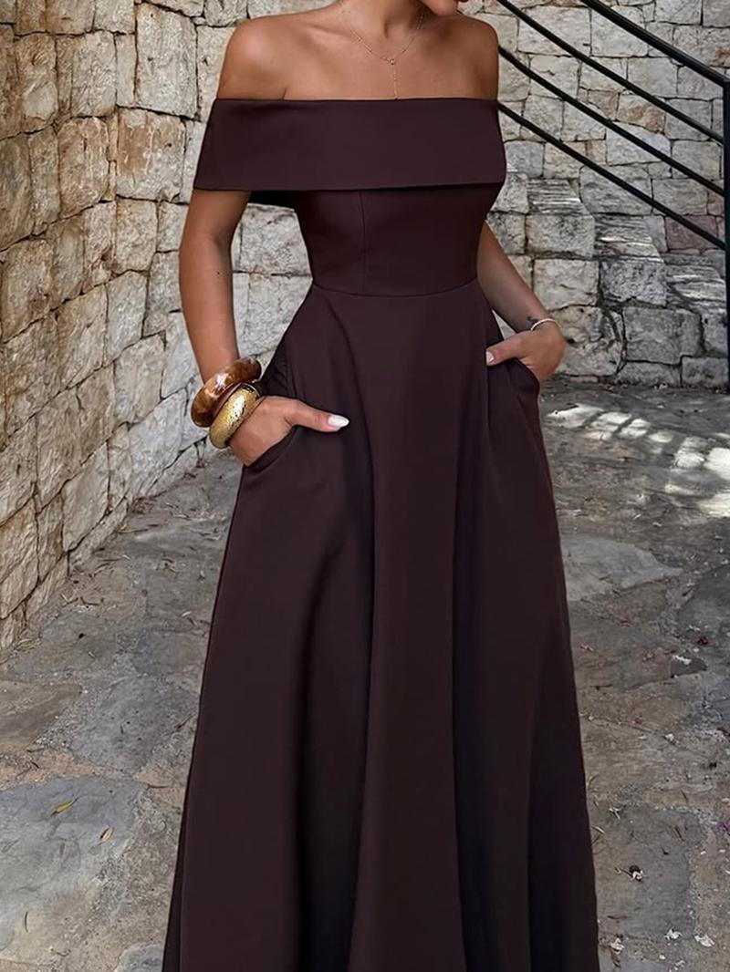 Elegant Off-Shoulder Dress with Waist Design, Simple and Classic Party Wear, Women's Stylish Evening Dress for Special Occasions