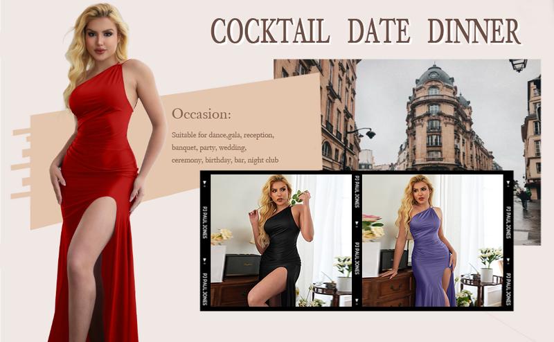 OYV Women's Sexy One Shoulder Ruched High Split Evening Maxi Formal Dress