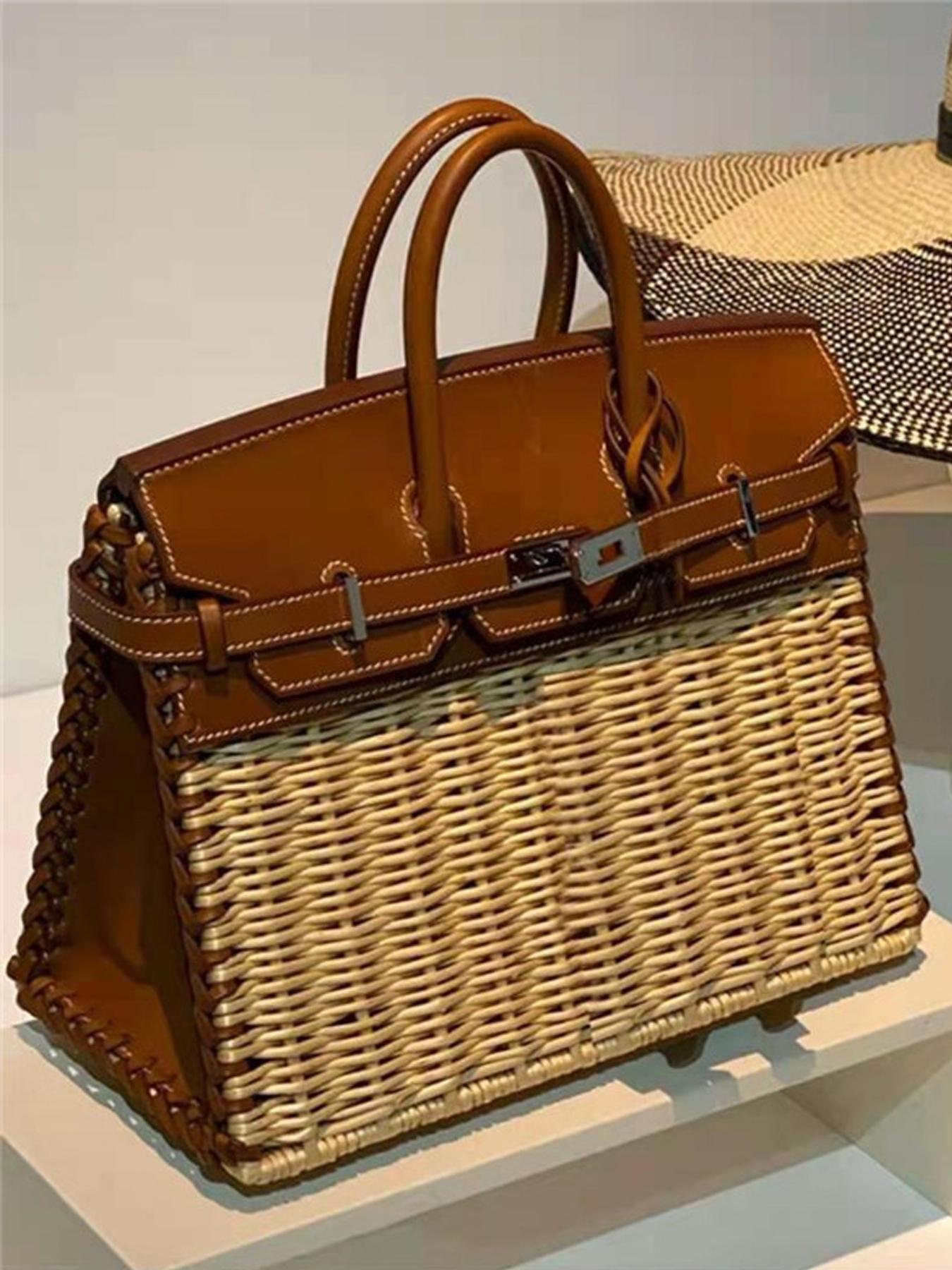 2026 Fashion Handbag, High-Quality Handmade Basket Bag, Picnic Lunch Bag, Platinum Color Bag for Girlfriend, Mother's Gift, Natural Rattan Crossbody Bag