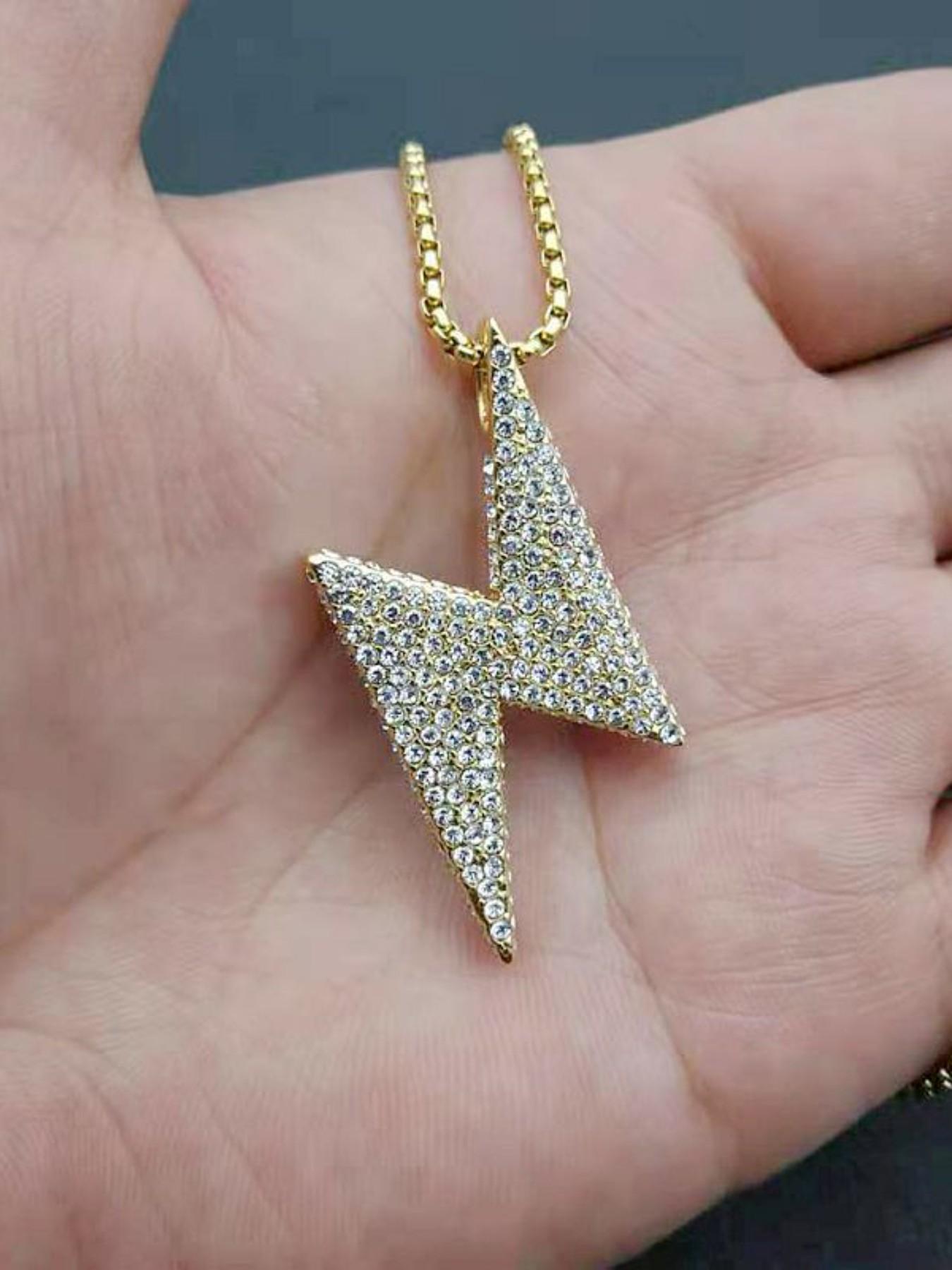 Hip Hop Stainless Steel Jewelry, Titanium Gold Plated Full Diamond Lightning Couple Pendant Necklace, Trendy Fashion Accessory