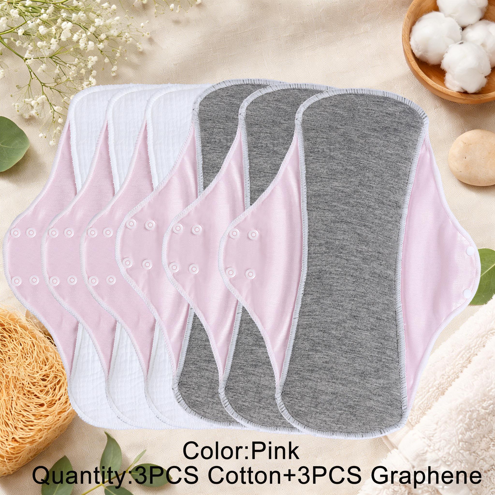 Reusable Washable Sanitary Pads, Graphene Cotton, Heavy Flow, Breathable Liner, High Absorbency, Night Use, 6 Pack Value Bundle,  Leak-Proof, Heavy Flow Overnight Menstrual Cloth Pads, Washable & Reusable，  (5 Colors: Skin/Green/Pink/Coral/Yellow)