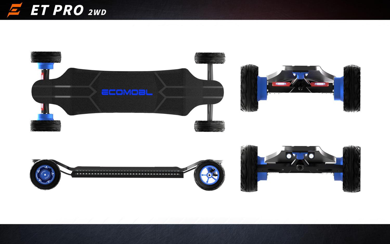 Ecomobl ET Pro 2WD 12S3P Electric Longboard - Street/All-Terrain, 40-55 km/h Speed, 3500W Motor, 12Ah Battery, 100x40x18cm Size,