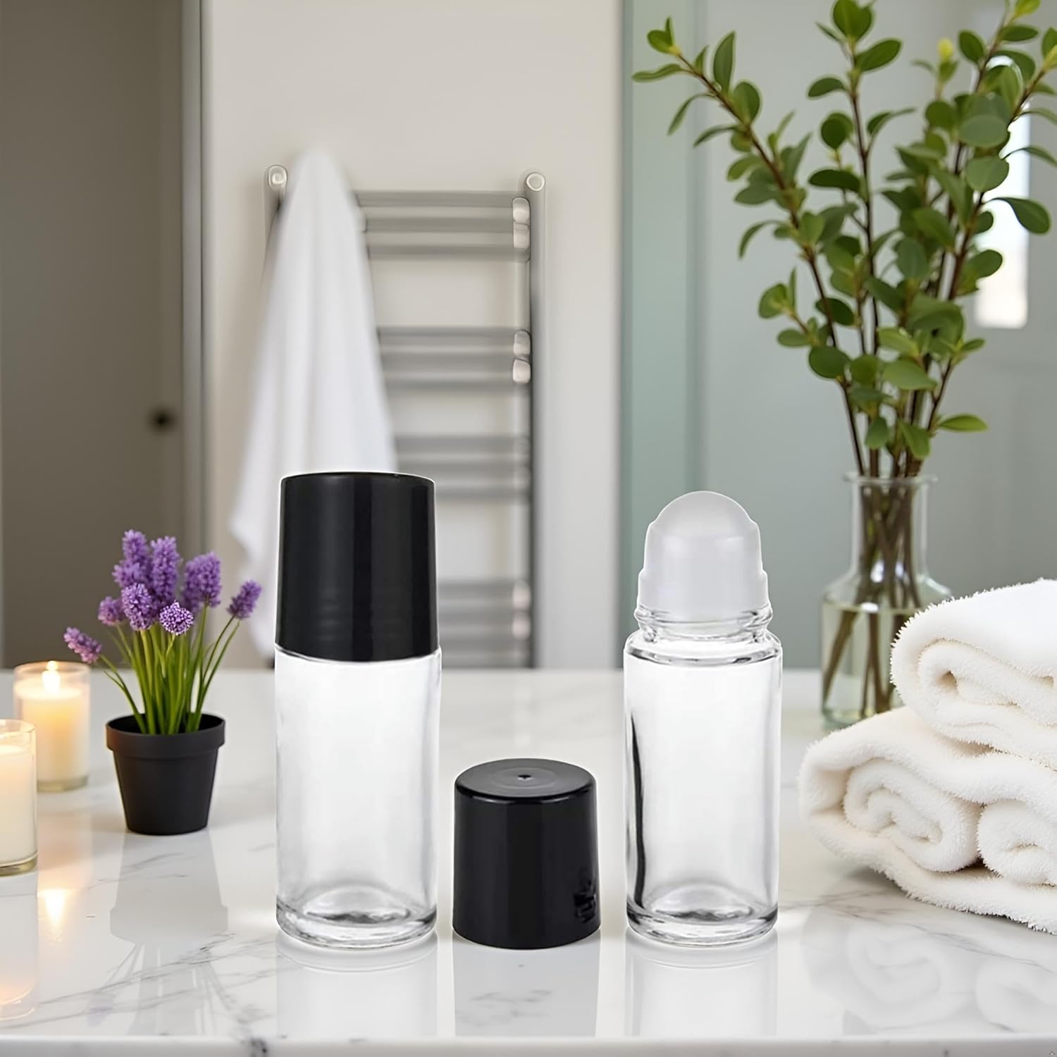 2 count Black Clear Empty Glass Essential Oil Roller Bottles Vials Containers Refillable Roll- with Funnel Refillable  Containers Roller Bottles(30ML)