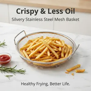 Round Stainless Steel Mesh Fry Basket, Oil Draining Strainer with Handles, Healthy Deep Frying Basket for French Fries, Chicken Wings, Chips & Kitchen Food Prep
