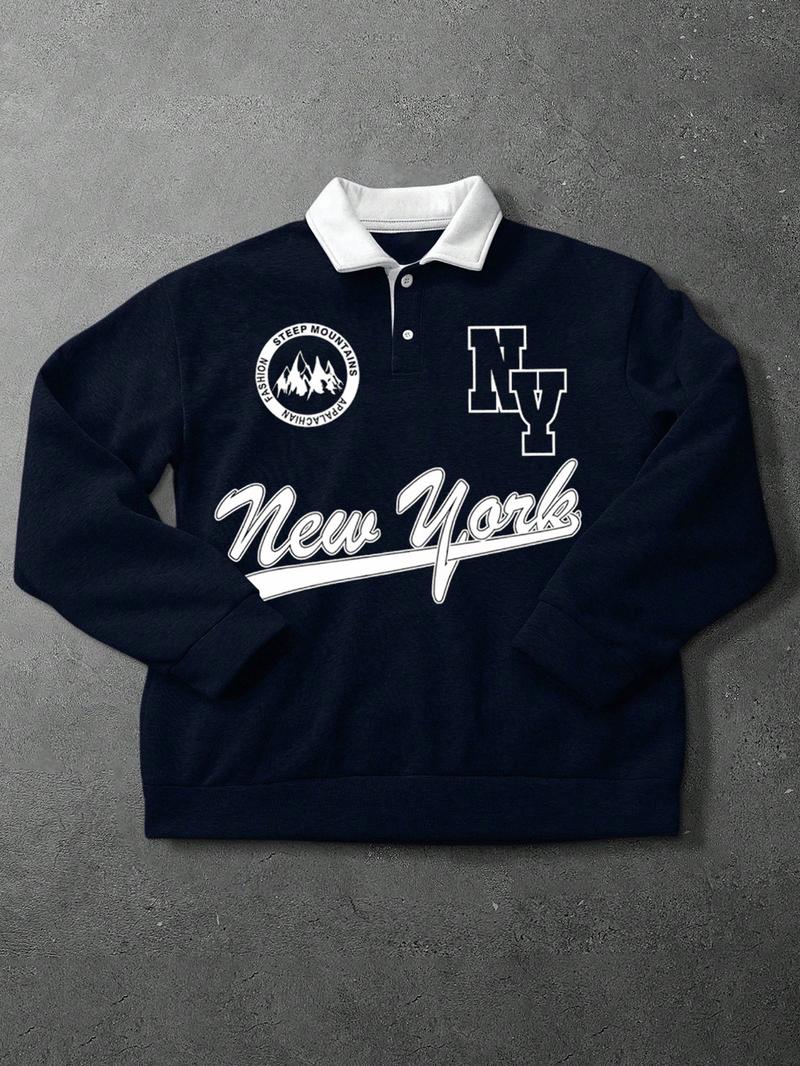 Men's Loose Fit Colorblock Collar Long Sleeve Polo Shirt, Casual Street Style, Fashionable Outdoor Sports Wear, All Seasons