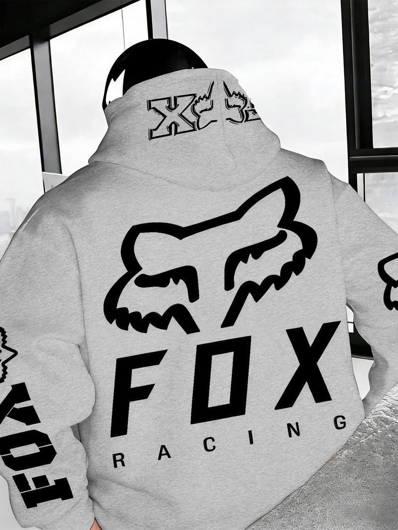 1 Piece Men‘s Fox Racing Graphic Hoodie, Bold Red and White Logo Print, Streetwear Style for Casual Daily Wear and Outdoor