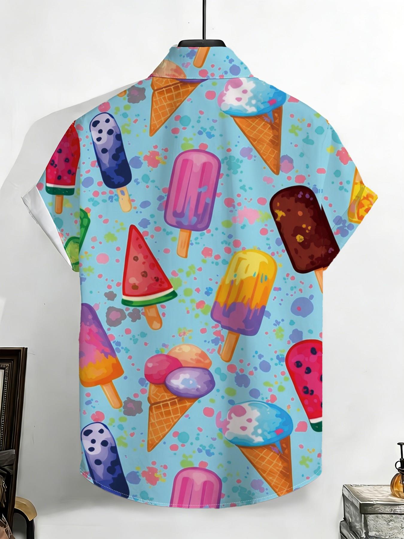 New Summer Men's Short Sleeve Shirt, Cartoon Ice Cream Full Print, Casual Breathable Beach Holiday Hawaiian Shirt, Slim Fit