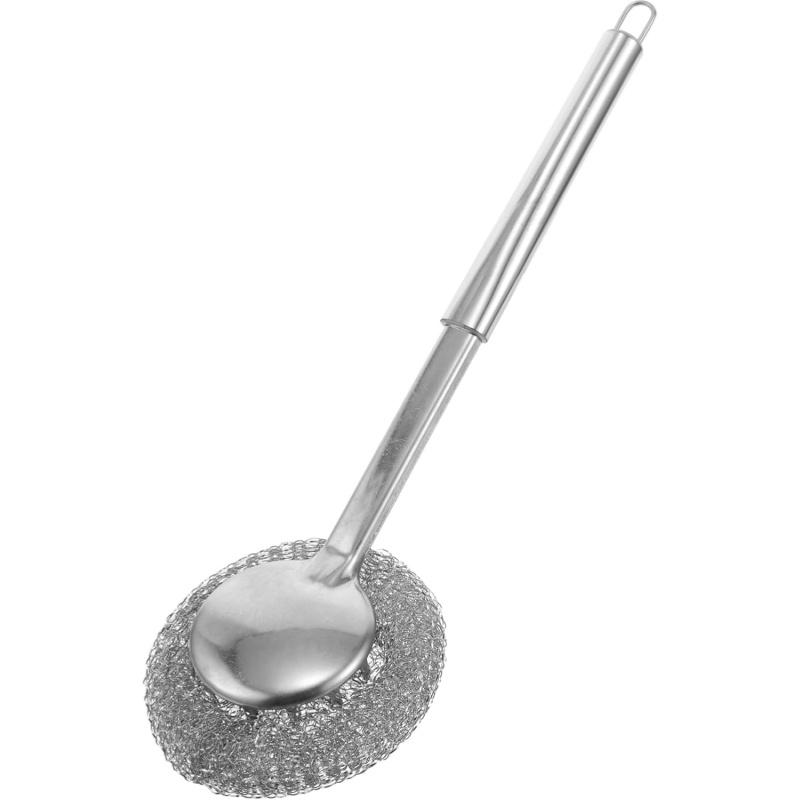 Stainless Steel Pot Brush, Kitchen Specialized Cleaning Tool, Long Handle Dishwasher Safe, Durable Wire Ball Brush, No Threads Shedding