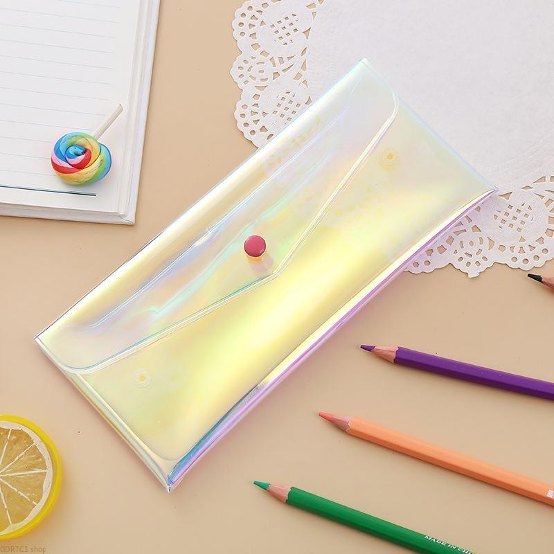 2PCS Minimalist Laser Fully Transparent Pencil Case - Portable Foldable Snap Lock Closure Stationery & Bill Storage Pouch, Travel Organizer Bag